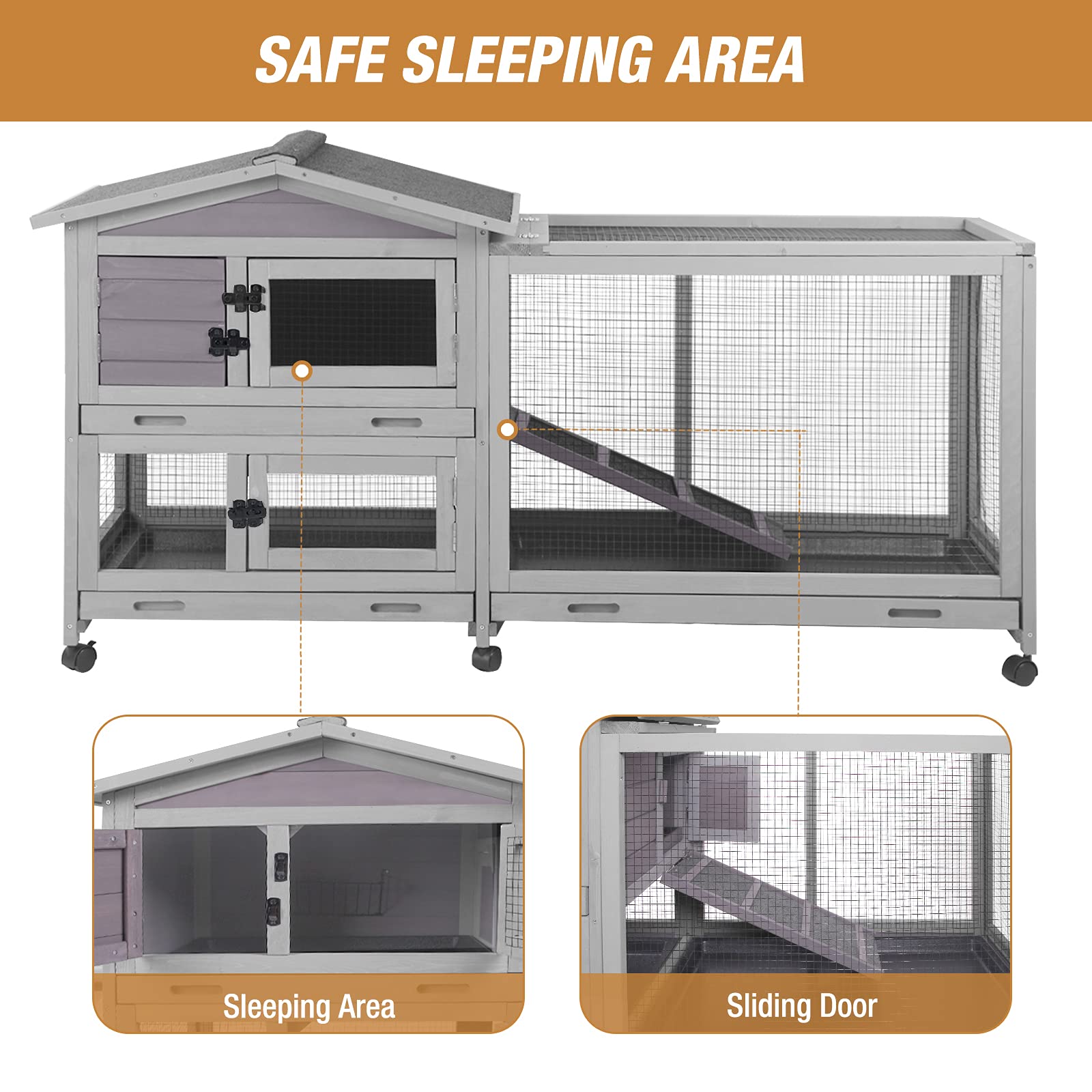 Bunny Cage Indoor And Outdoor Rabbit Hutch With Casters Waterproof Roof, Pull Out Tray From Back And Front 61.2' L X 22.6' W X 33.5' H