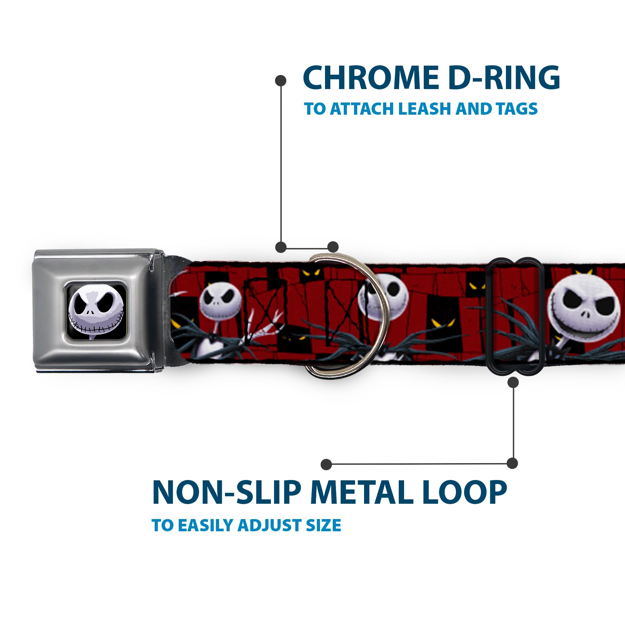 Dog Collar Seatbelt Buckle Nightmare Before Christmas 3 Jack Poses Peeping Eyes Burgundy 11 To 17 Inches 1.0 Inch Wide