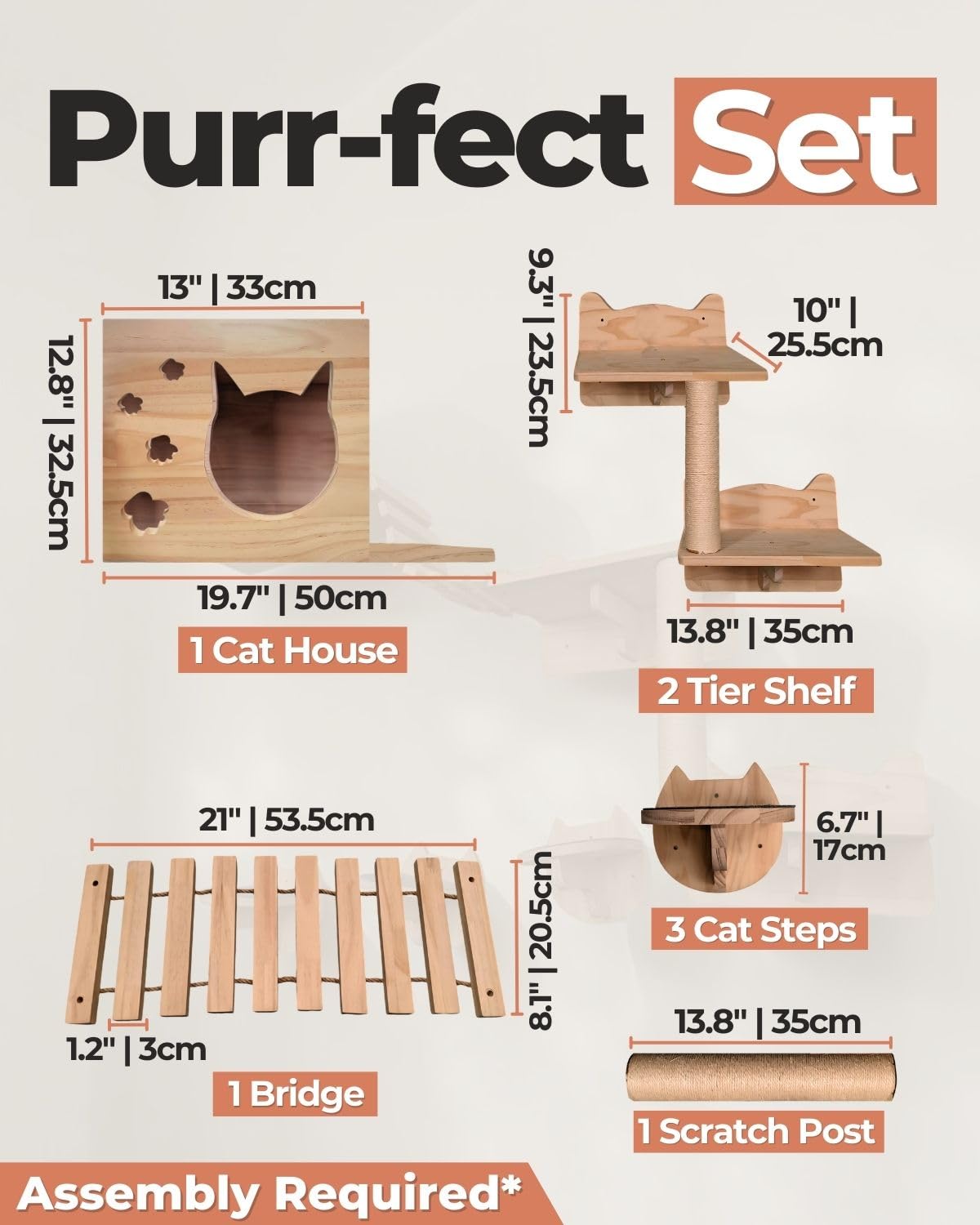 Vantix Plus Cat Wall Shelves | Pine Wooden Wall Mounted Cat Furniture, Set Of 8, Cute Perch, Shelves, Scratching Posts, Steps An