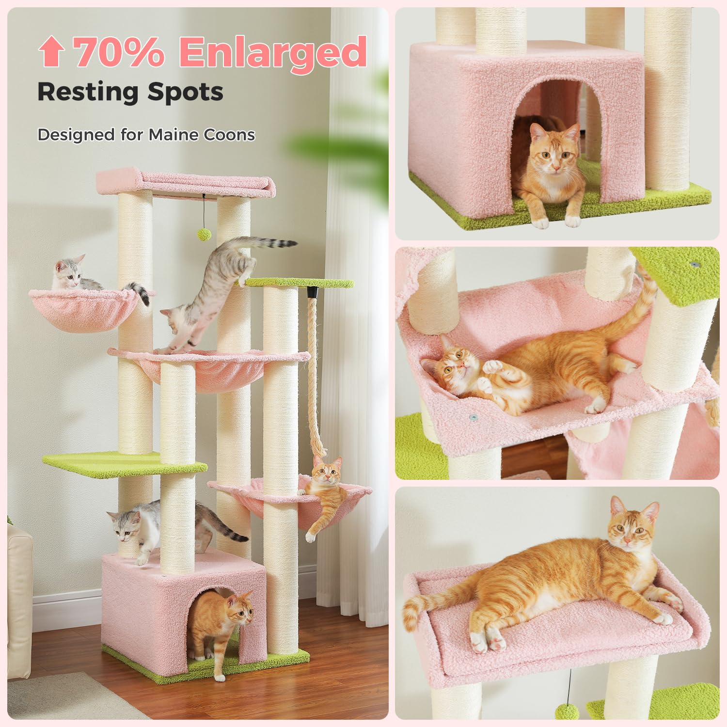 Muttros Pink Cat Tree For Large Cats 20 Lbs, 67-Inch Tall Heavy Duty Cat Tower With 13 Thick Sisal Scratching Posts (F4.3), Main