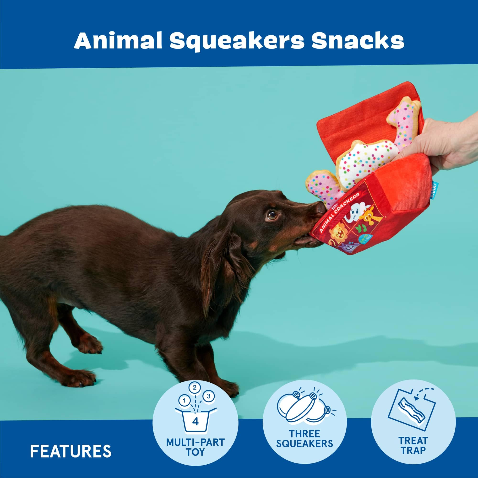 Barkbox Animal Squeakers Multi-Part Dog Toy - 4-in-1 Plush Toy Set with Treat-Hiding Crinkle Box & Three Squeaky Cookies - Fun P