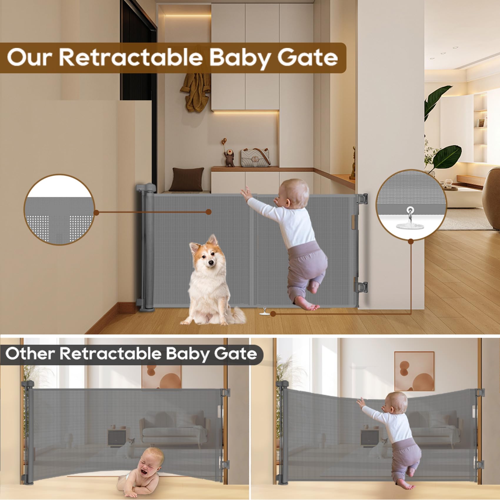 Miumoon Upgrade 59' Retractable Baby Gates With Reinforced Strip Design To Prevent Crawling Through, 48' Tall Retractable Gate For Baby And Pet, 5 Ft Baby Gates For Stairs, Doorways, Hallways(Gray)