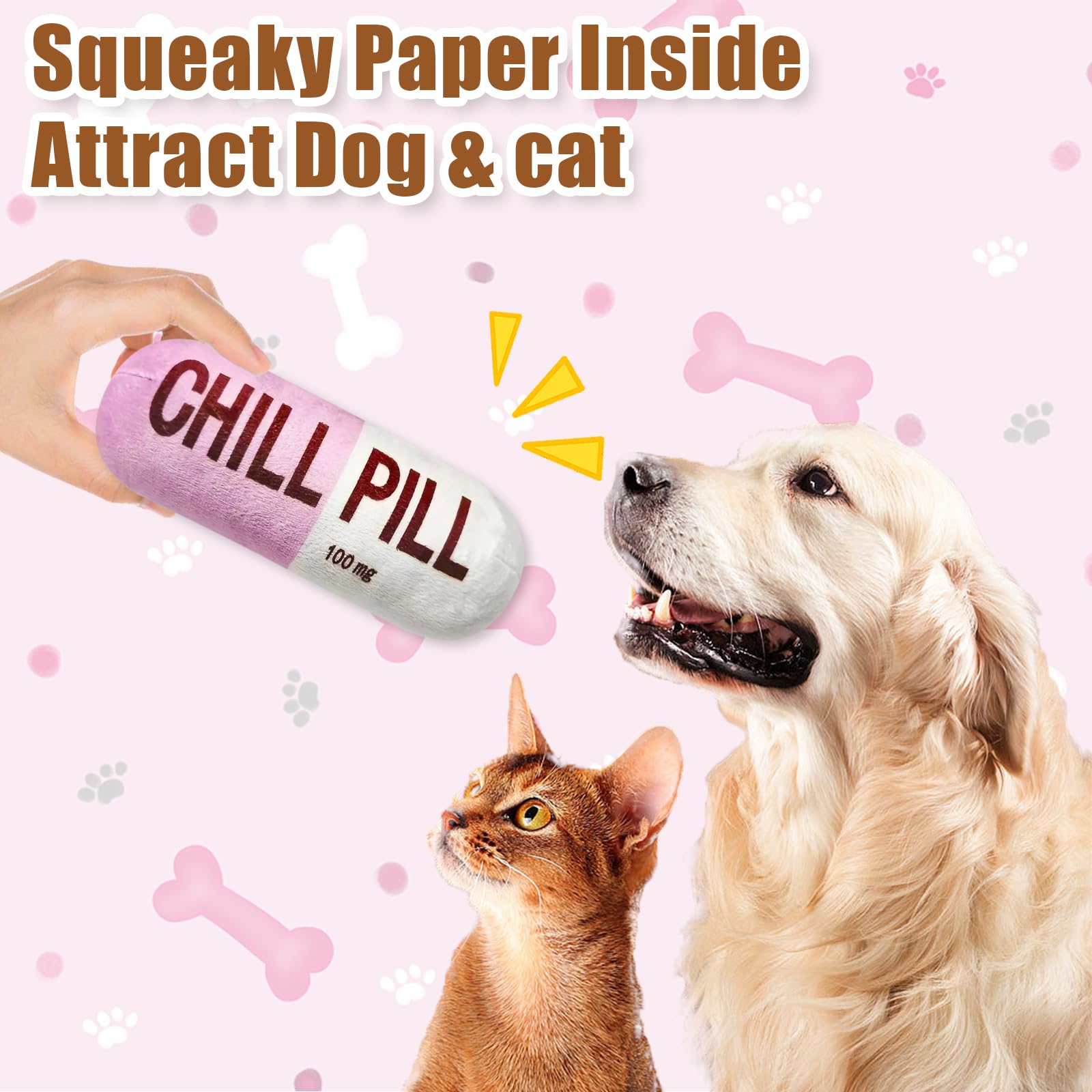 Wanheart Funny Chill Pill Dog Toy, Squeaky Plush Capsule For Teething Puppies & Cats, Interactive Chew Gift With Bite-Resistant