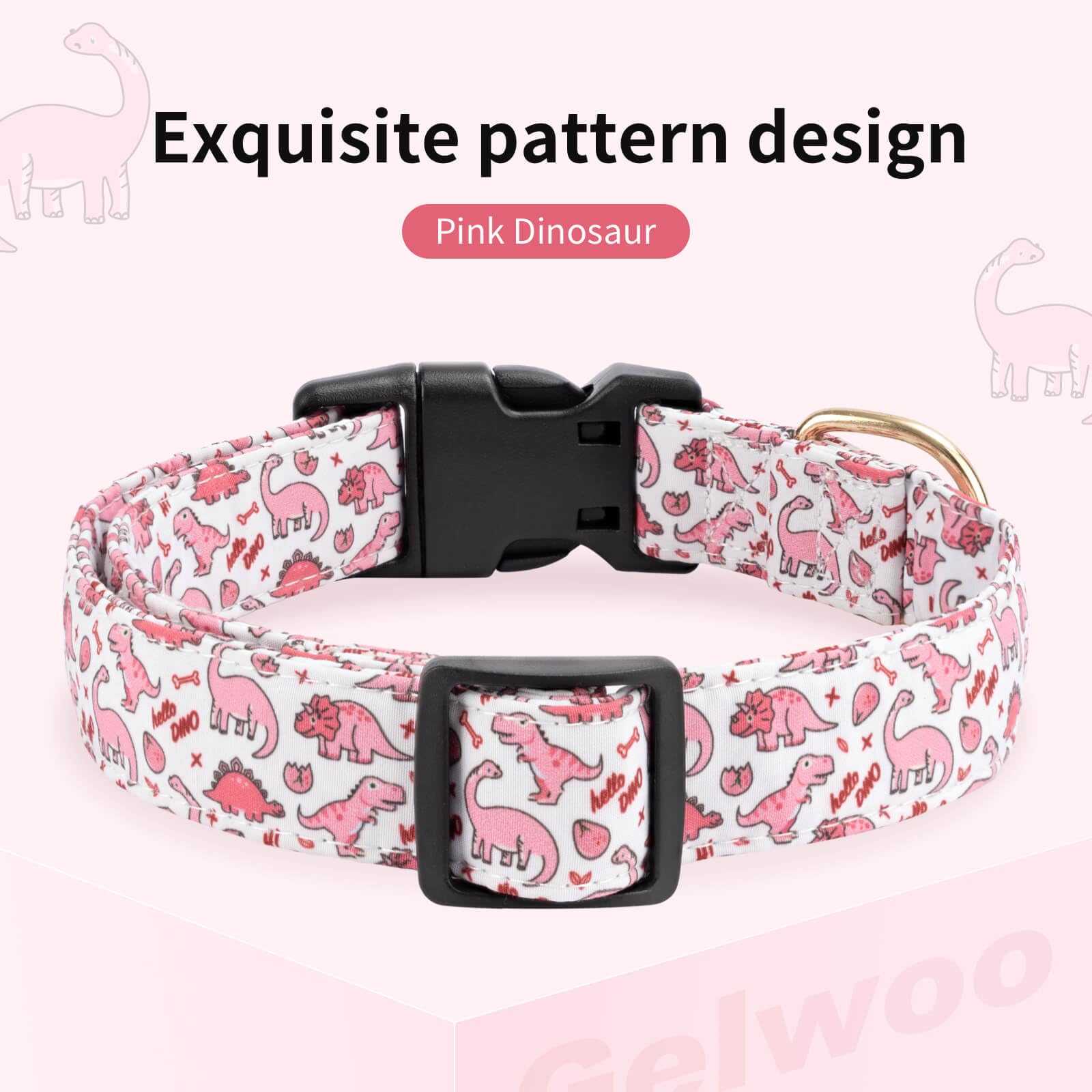 Gelwoo Cotton Dog Collar,Soft and Cute Puppy Collars with Pink Dinosaur Patterned Design for Girl Female Boy Dogs,Adjustable Buc