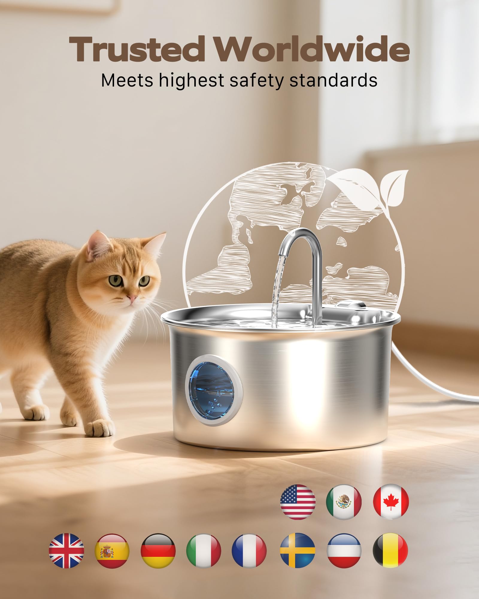Stainless Steel Cat Water Fountain: Cat Fountain with 6 Filters + 3 Sponges - 88oz/2.6L Pet Water Fountain for Cats Inside - Sil