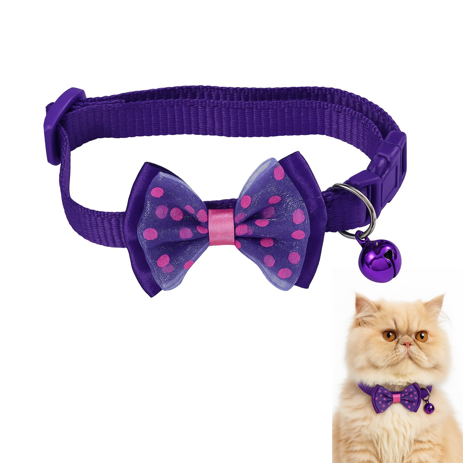 Jainsons Pet Products | Adjustable Nylon Cat Collar With Polka Dot Bow & Bell | Soft, Safe & Comfortable For Kittens, Cats & Sma