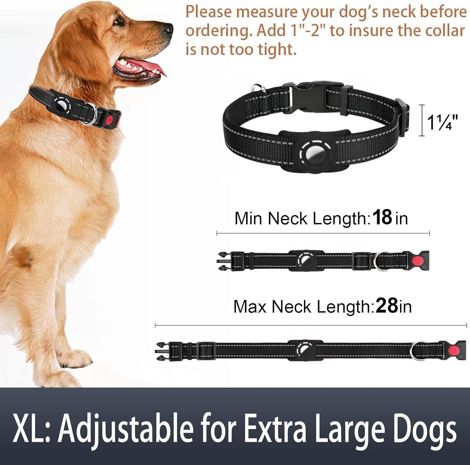 Erbine Airtag Dog Collar For Large Dogs, Reflective Dog Collars With Airtag Holder, Soft Padded & Safety Locking Buckle, Nylon Pet Collar Adjustable For All Breeds, Black