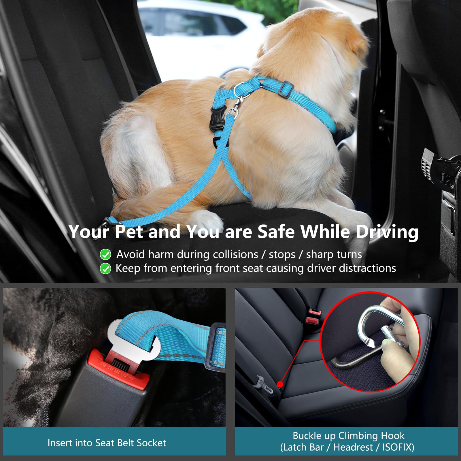 Vavopaw Dog Seat Belt Harness For Car, Dog Car Harness Adjustable Mesh Breathable & Dogs Seatbelt Safety Tether With Elastic Bun