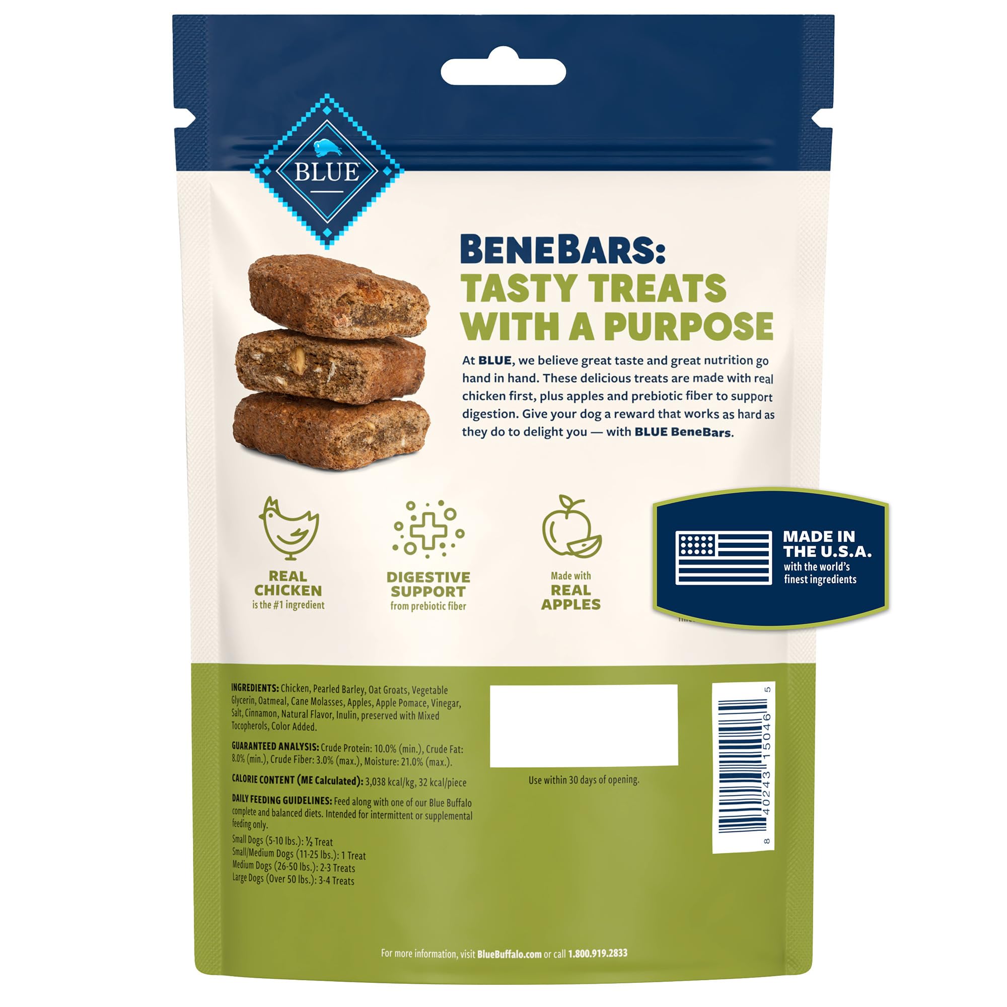 Blue Buffalo BeneBars Digestive Support Dog Treats with Prebiotic Fiber, Made with Natural Ingredients, USA Chicken & Apple, 9-o
