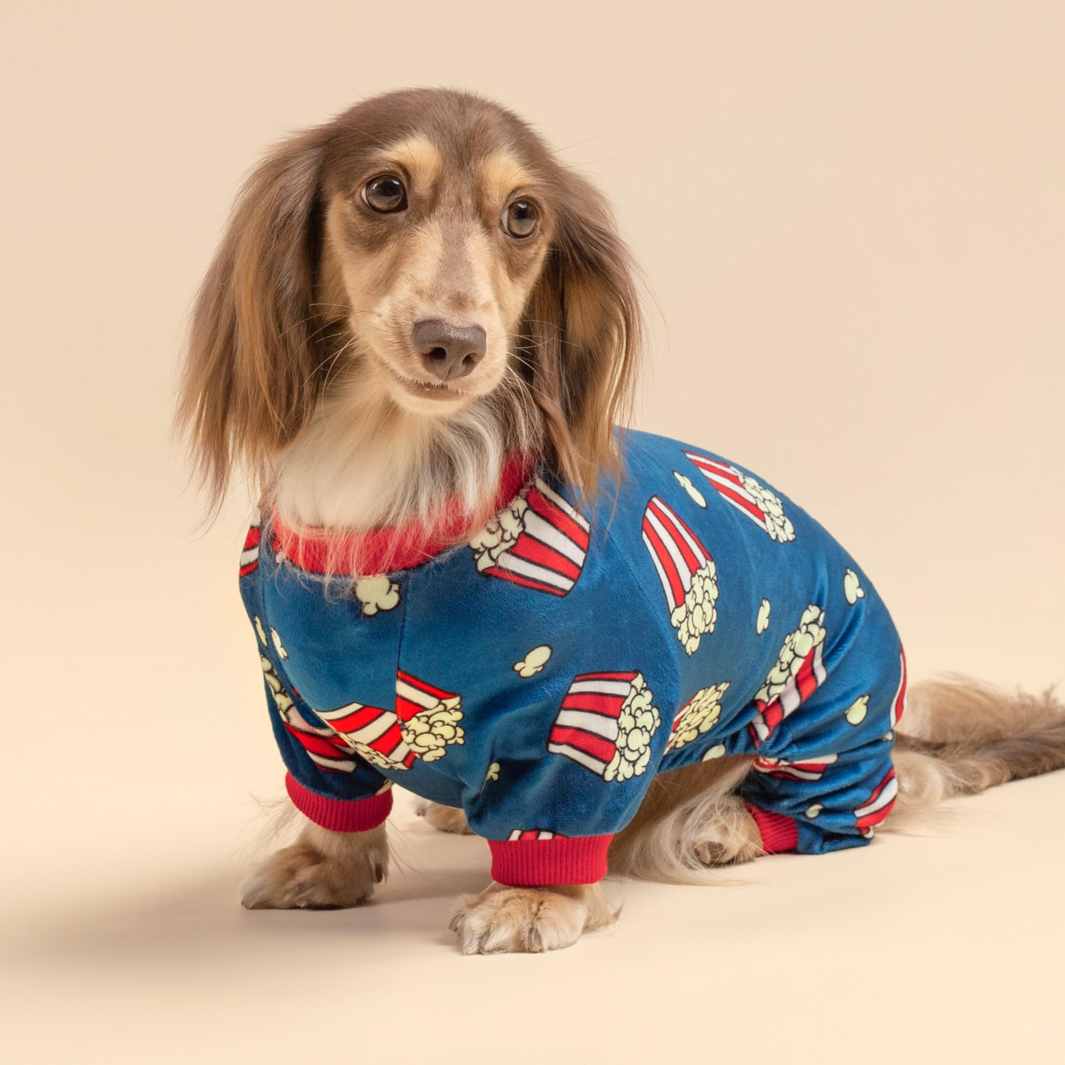 Fitwarm Popcorn Dog Pajamas, Funny Dog Clothes For Small Dogs Boy Girl, Fleece Pet Onesie With Feet, Blue, Red, White, Yellow, M