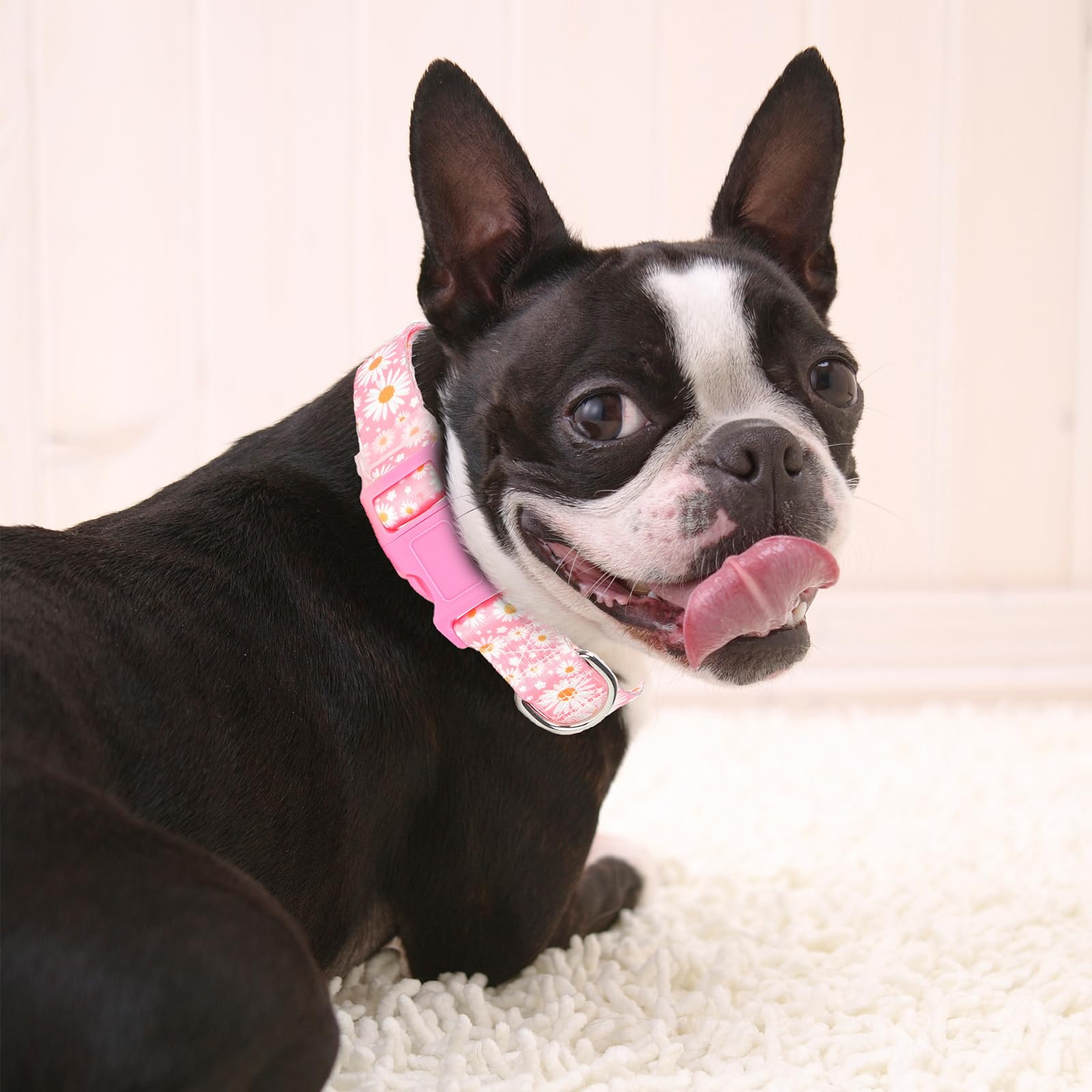Girl Dog Collars For Large Dogs,Female Dog Collars With Pink Daisy Flowers, Adjustable Comfy Soft Pet Collar With Safety Buckle
