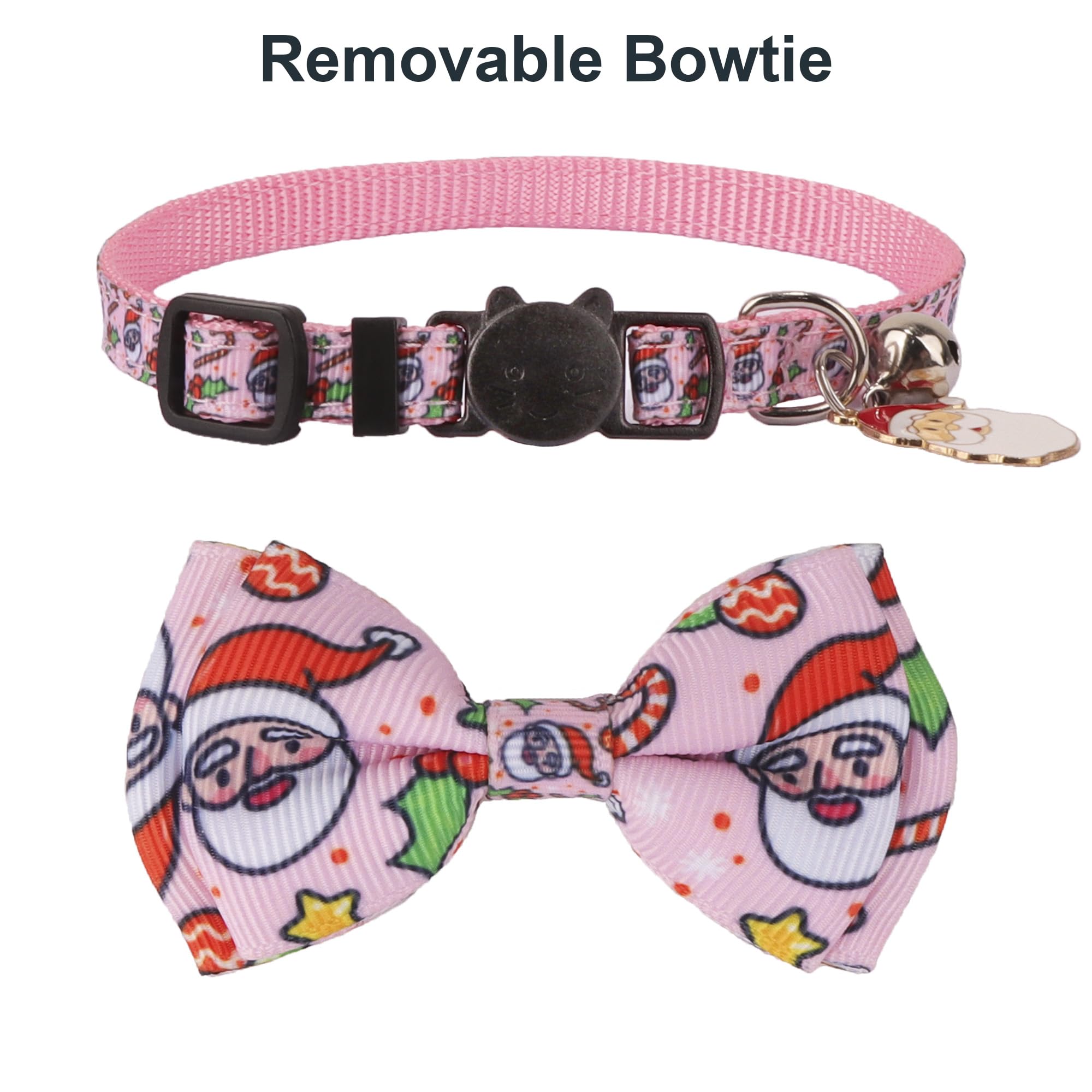 Adoggygo Pink Christmas Cat Collar With Removable Bowtie Bell, 2 Pack Pink Santa Gingerbread Man Christmas Collars For Female Ca