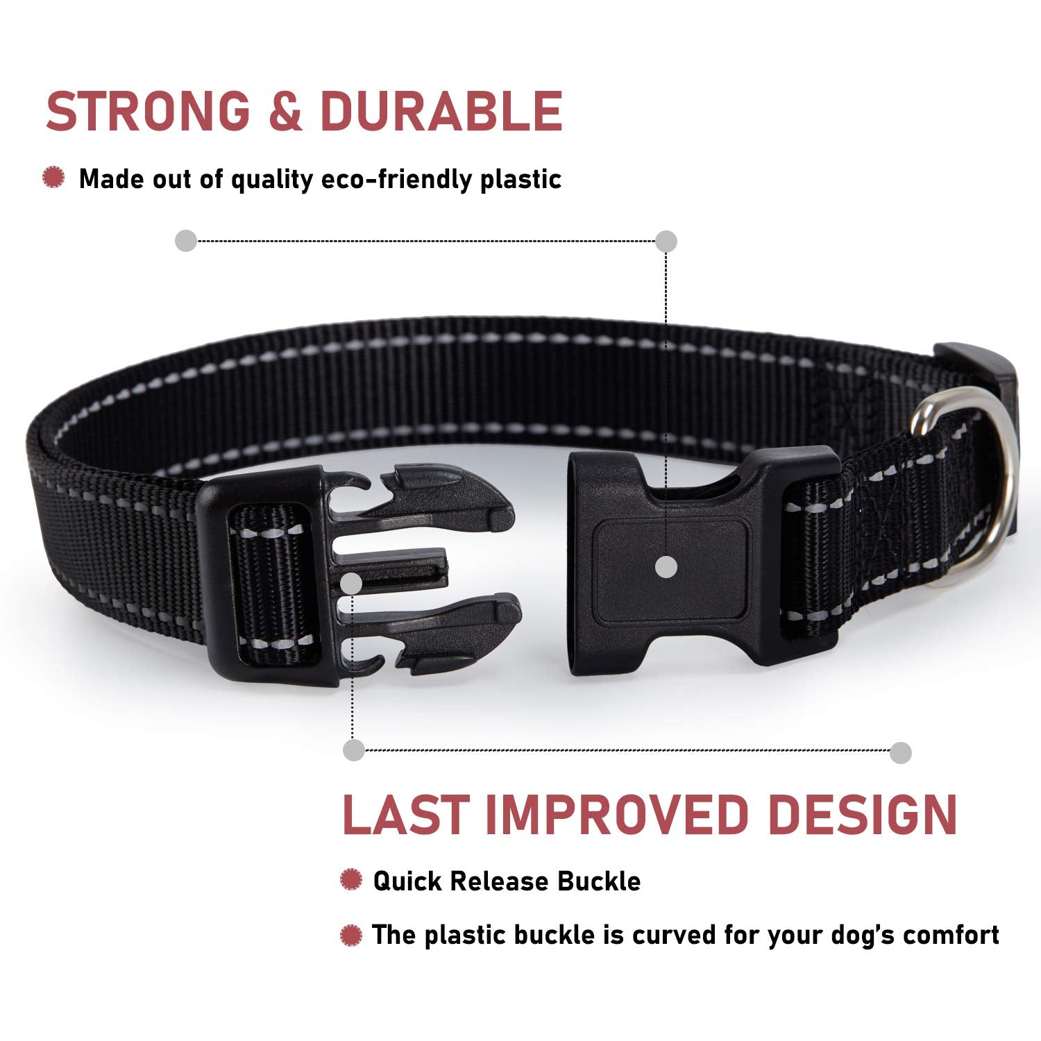 Reflective Dog Collar With Buckle Adjustable Safety Nylon Collars For Small Medium Large Dogs, Black Xs