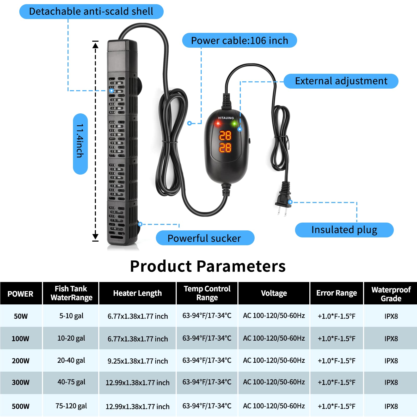 Hitauing Aquarium Heater, 50W/100W/200W/300W/500W Submersible Fish Tank Heater With Over-Temperature Protection And Automatic Po