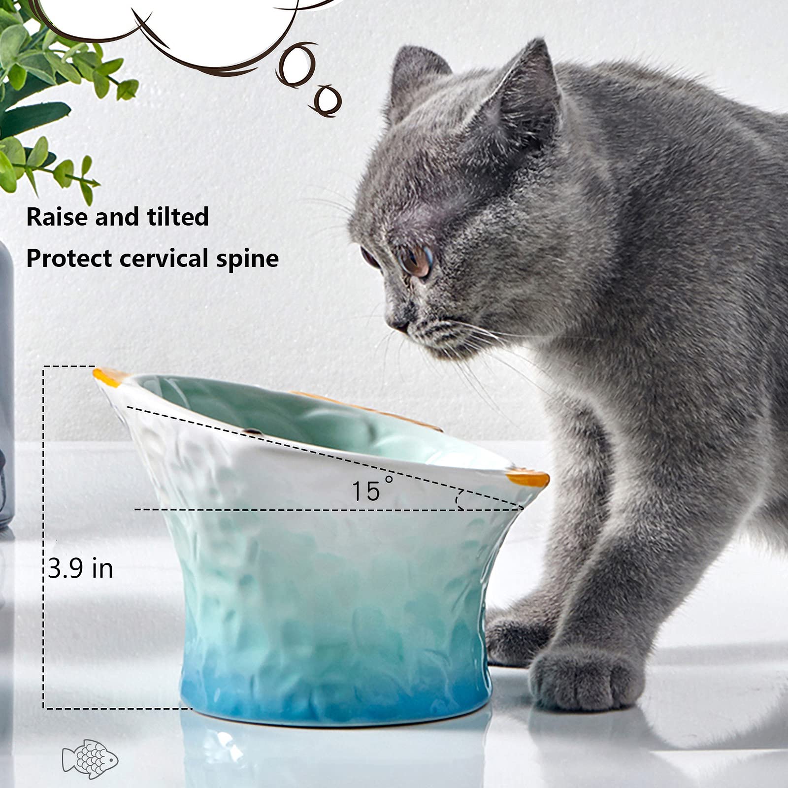 Raised Tilted Ceramic Cat Food Bowl - Cute Fish Shape Elevated Slanted Shallow Angled Cat Dish - Personalized Pet Feeder for Kit