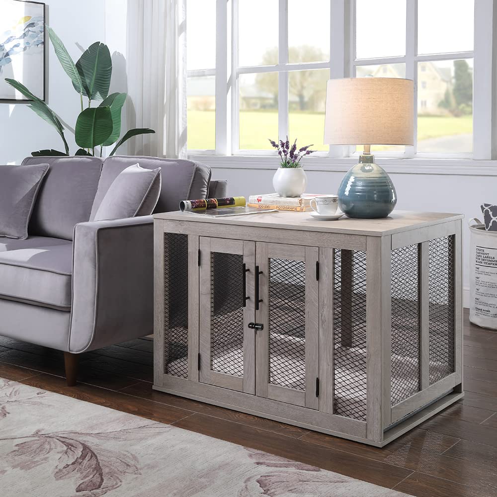 Unipaws Furniture Dog Crate With Tray For Medium Dogs, Indoor Aesthetic Puppy Kennel Pet House Dog Cage With Door, Modern Decorative Wood Pretty Cute Fancy End Side Table Nightstand, Grey