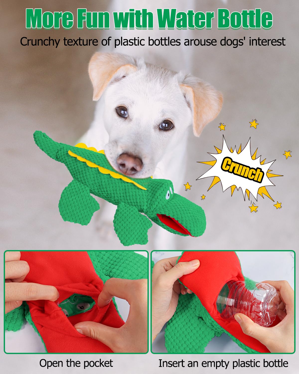 Schitec Squeaky Dog Toys, No Stuffing Crinkle Plush Water Bottle Dog Toy, Interactive Squawking Puppy Teething Pet Chew Toy For