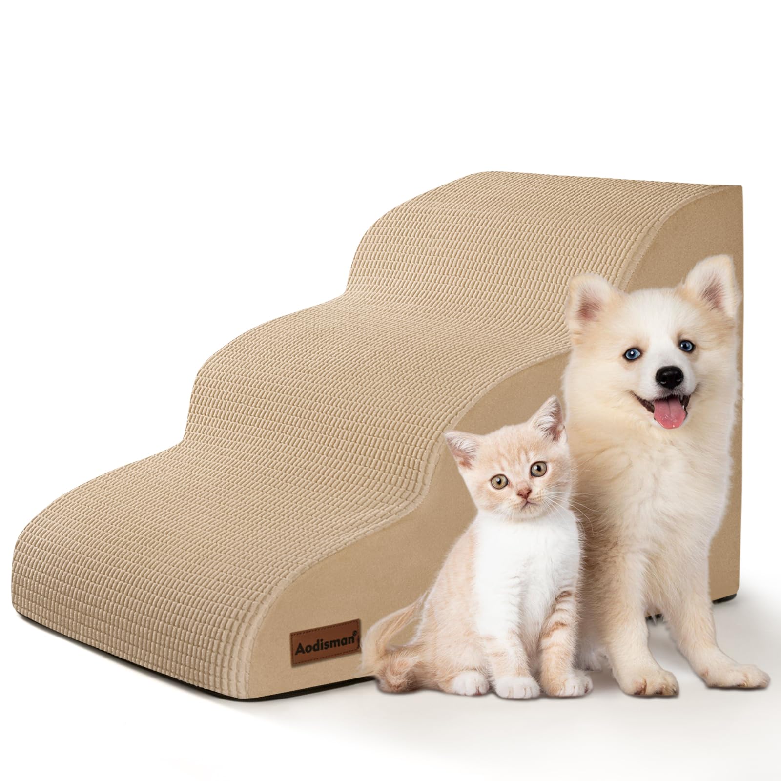 Aodisman 3-Step Dog Ramp and Stairs for Sofa and Chair - Non-Slip Sturdy Pet Steps for Small Dogs and Cats,15.7 H,Khaki