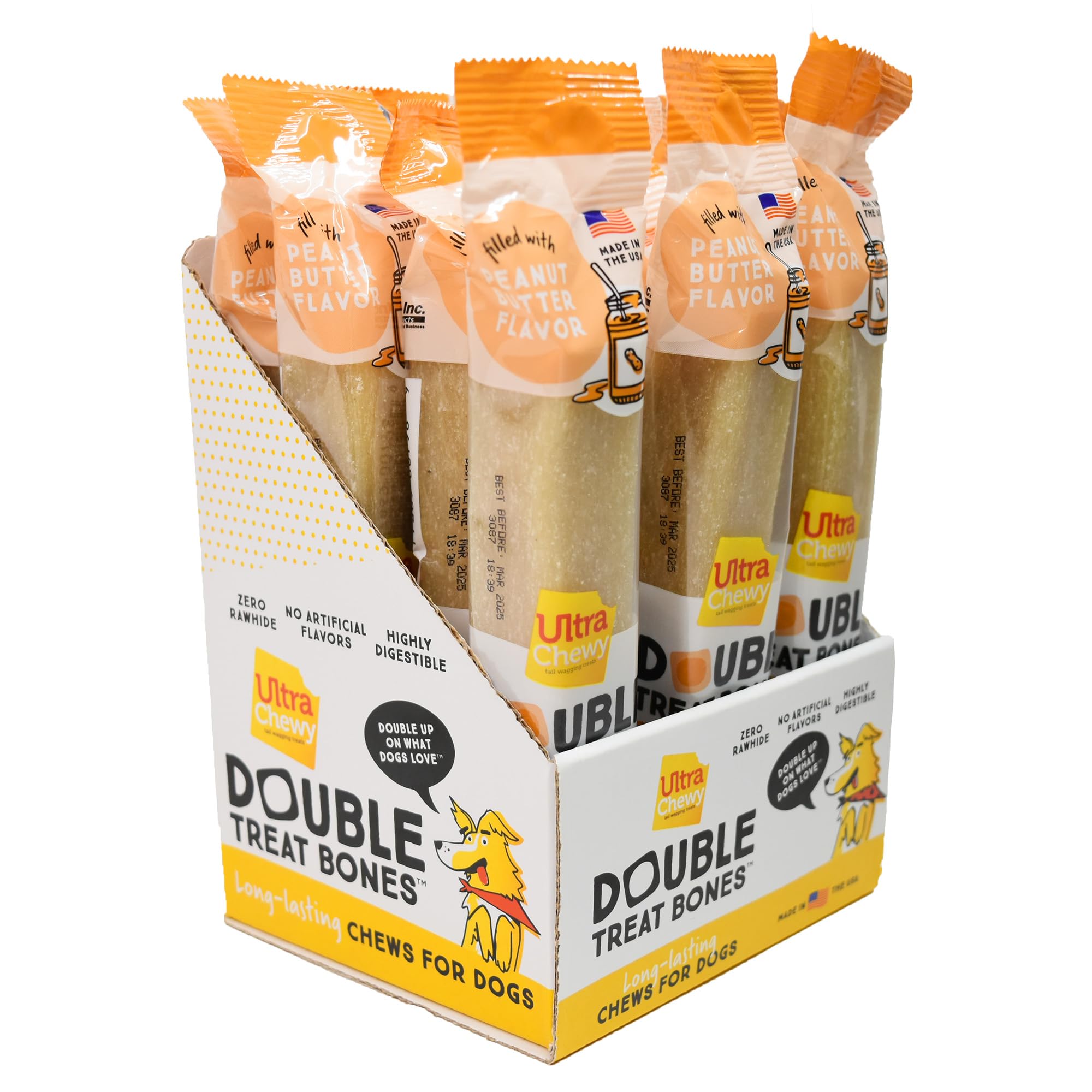 Ultra Chewy Peanut Butter Double Treat Bones: Long-Lasting Dog Treats Made in USA for Large and Small Breeds, Highly Digestible,