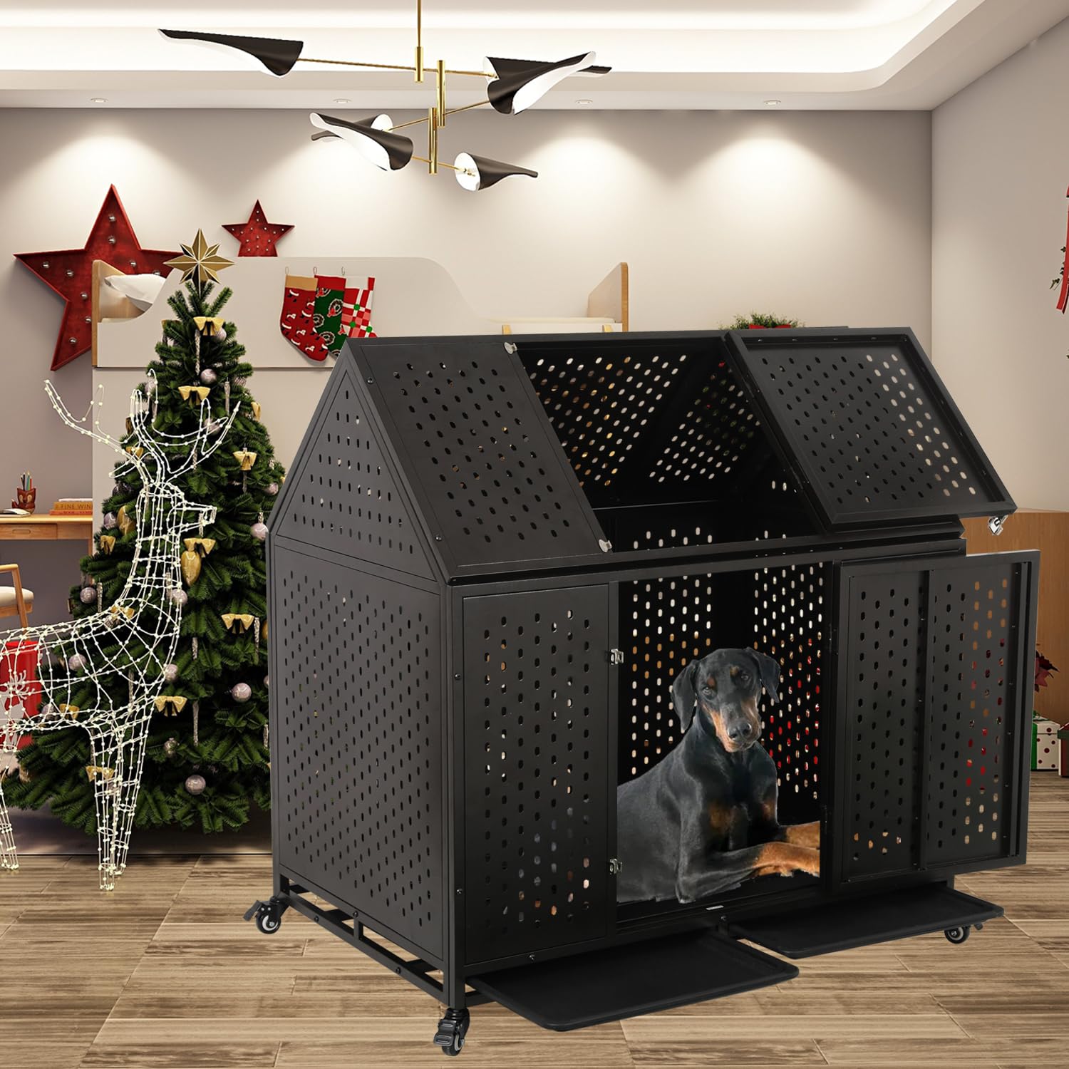 Ufyerutg 44' Indestructible Heavy Duty Dog Crate, Escape Proof Strong Steel Impact Pet Cage For Large Medium Dogs, High Anxiety