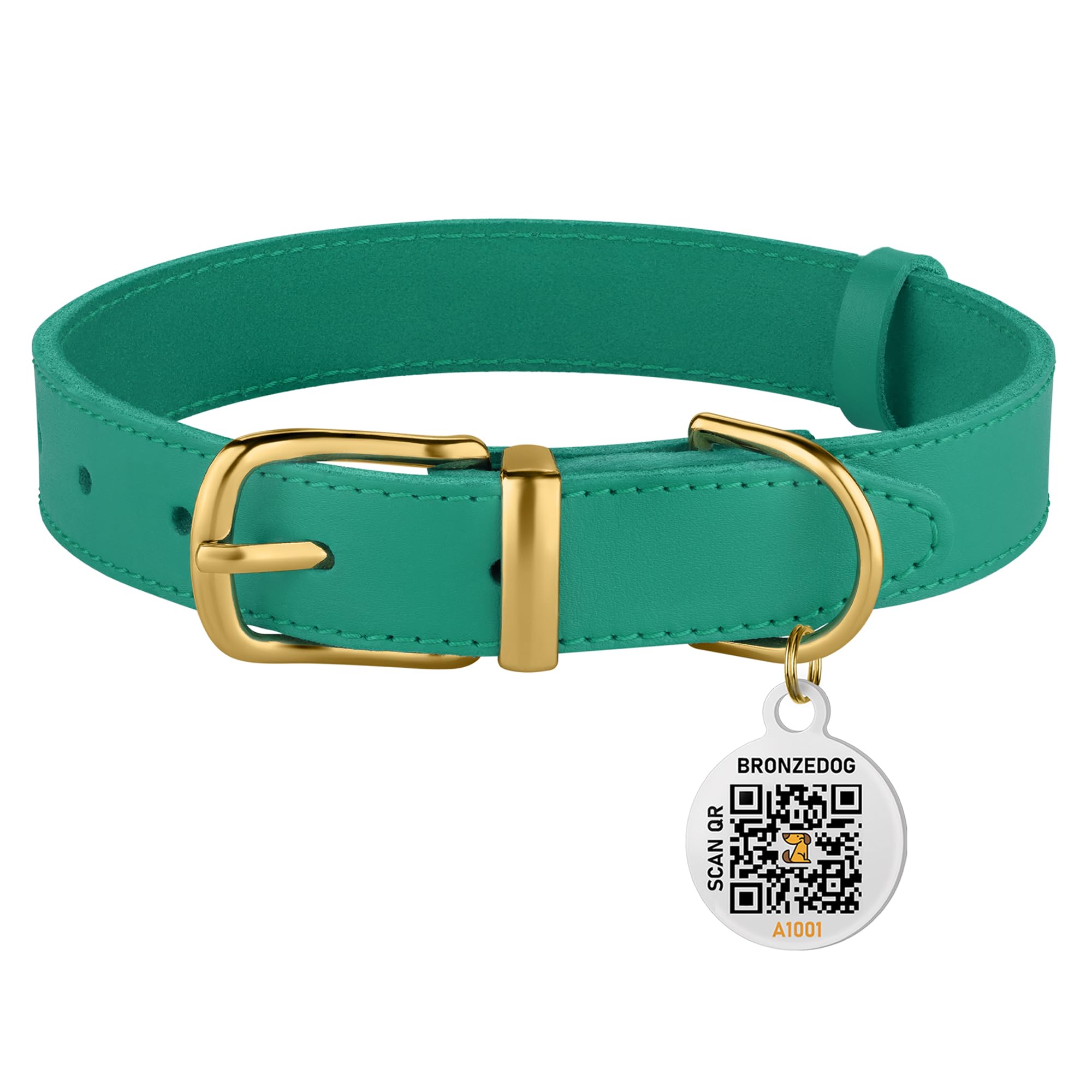 BRONZEDOG Leather Dog Collar - Durable Metal Buckle, 14-17 Inch, Green & Gold Buckle for Small Medium Large Dogs