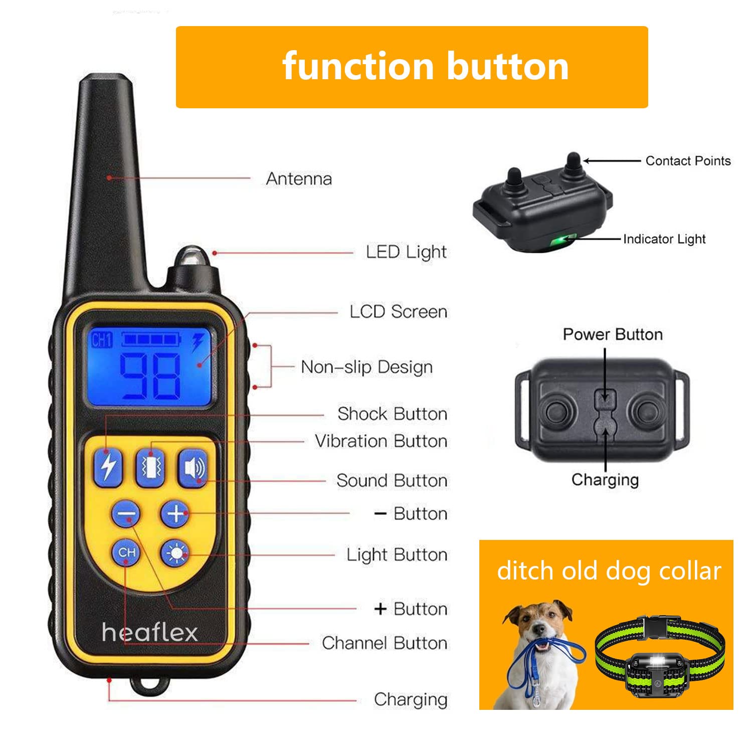 Heaflex Dog Shock Collar With Remote, Dog Training Electric Collar, Waterproof Rechargeable, 1640Ft Dog Shock Collar With Led Light, Beep, Vibration, Shock For Medium/Large 3 Electronic Collars Dogs