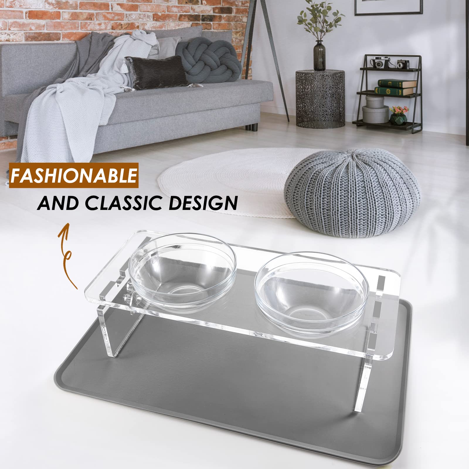 Dog and Cat Bowls Elevated Set - Acrylic Feeder Stand with 2 Set Removable Stainless Steel and Glass Bowls Food and Water Raised