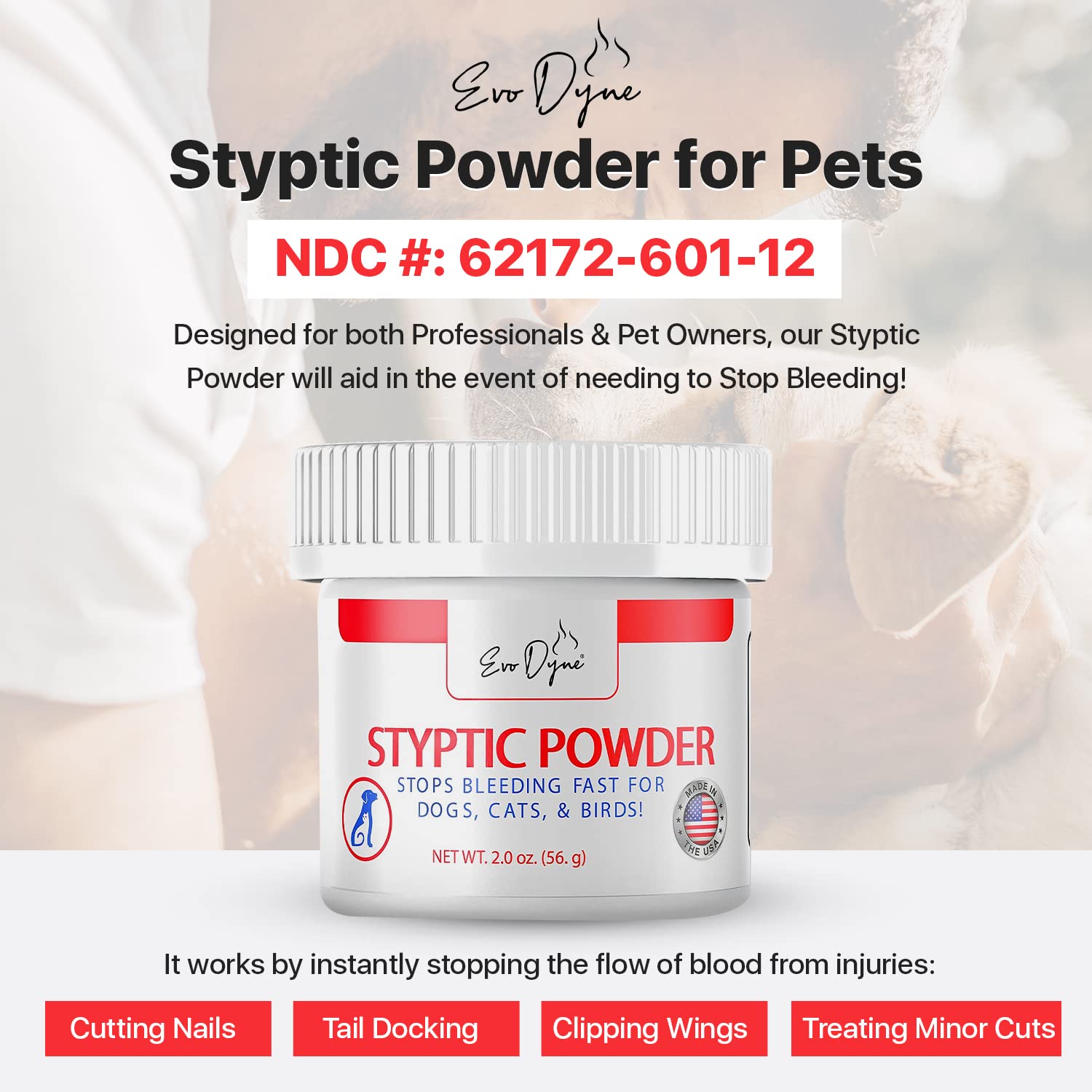 Evo Dyne Styptic Powder for Pets - Fast-Acting Blood Stop Powder (2 oz) for Dogs, Cats, and Birds, Ideal for Nail Clipping and Cuts