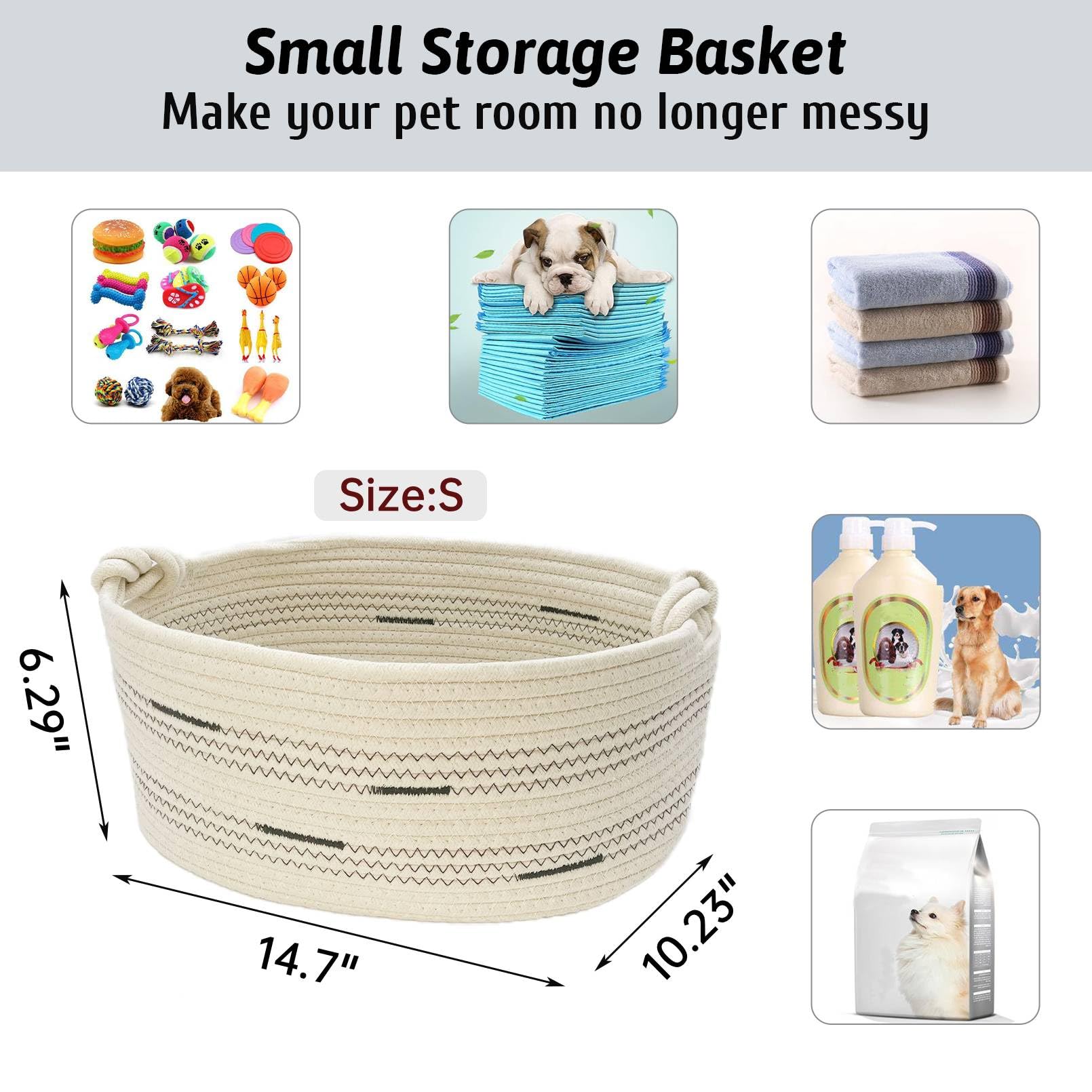 Fhiny Cotton Rope Dog Toy Basket With Handle Puppy Toys Storage Bin Small Woven Rectangle Diapers Pet Kitty Bed Perfect For Carr