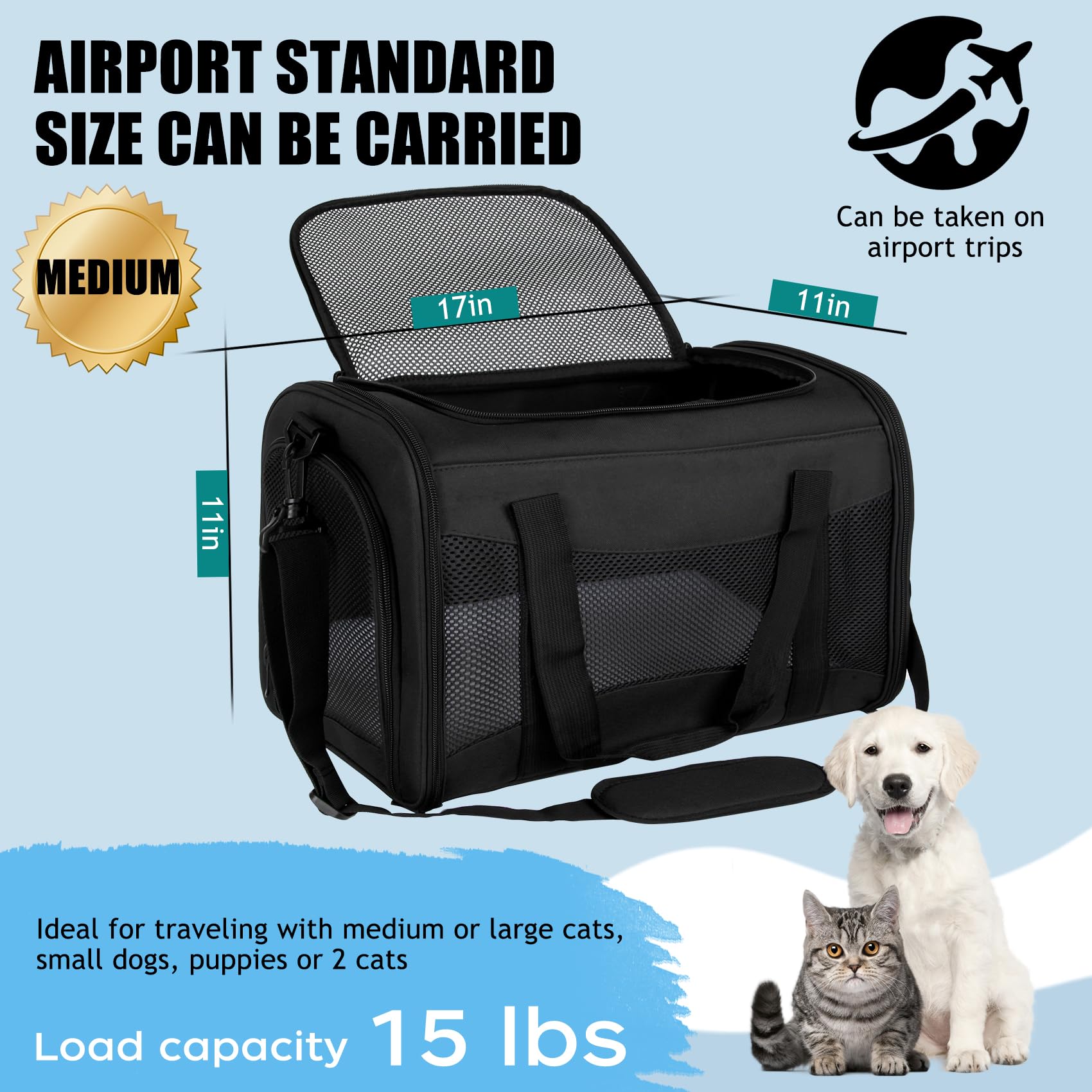 Yipincover Soft-Sided Pet Carrier for Cats & Dogs, TSA Approved, 17"x11"x11", Black, Model yipin-8