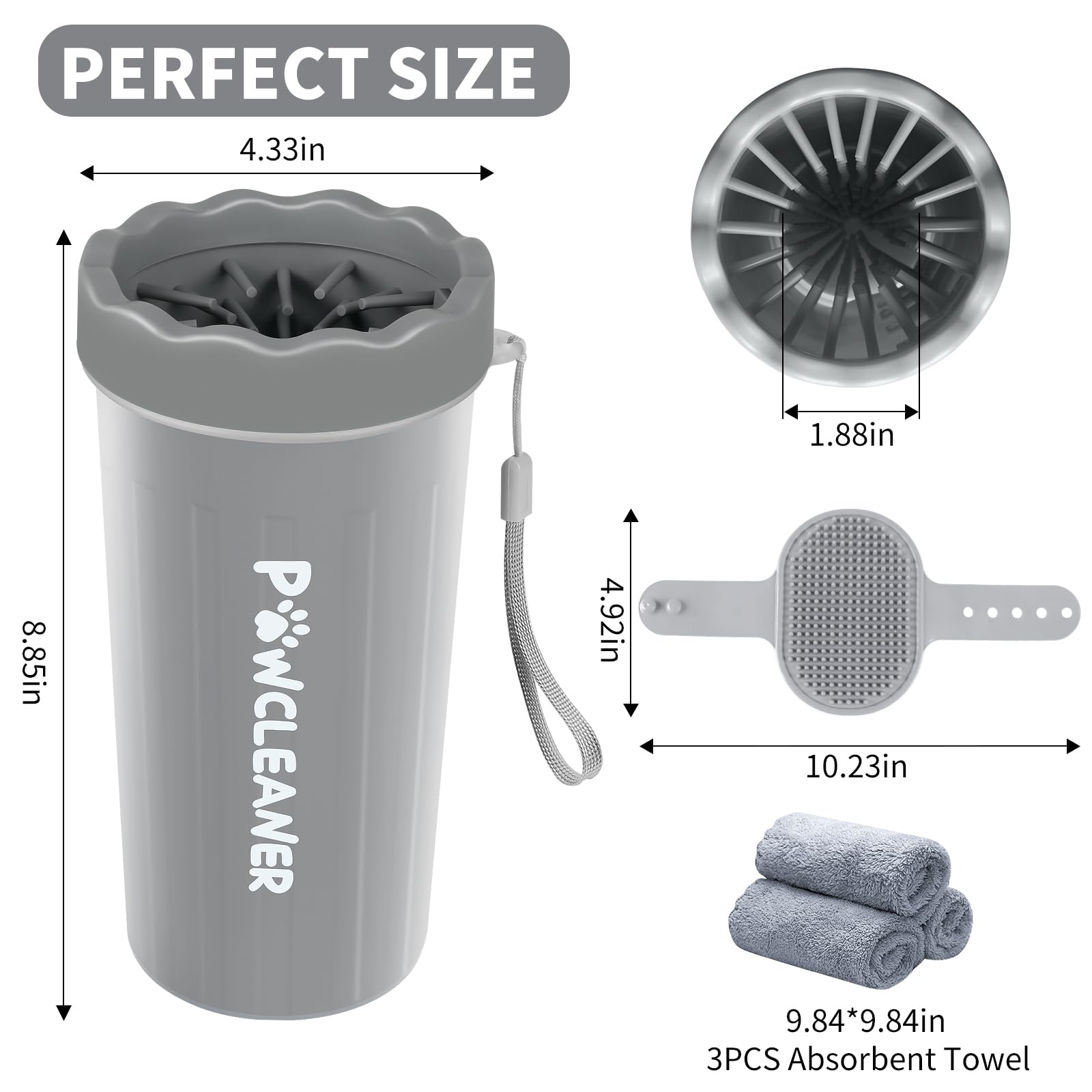 Comotech Dog Paw Washer With Bath Brush - Large, Grey (With 3 Absorbent Towels, Adjustable Handle For Long & Short Haired Dogs)