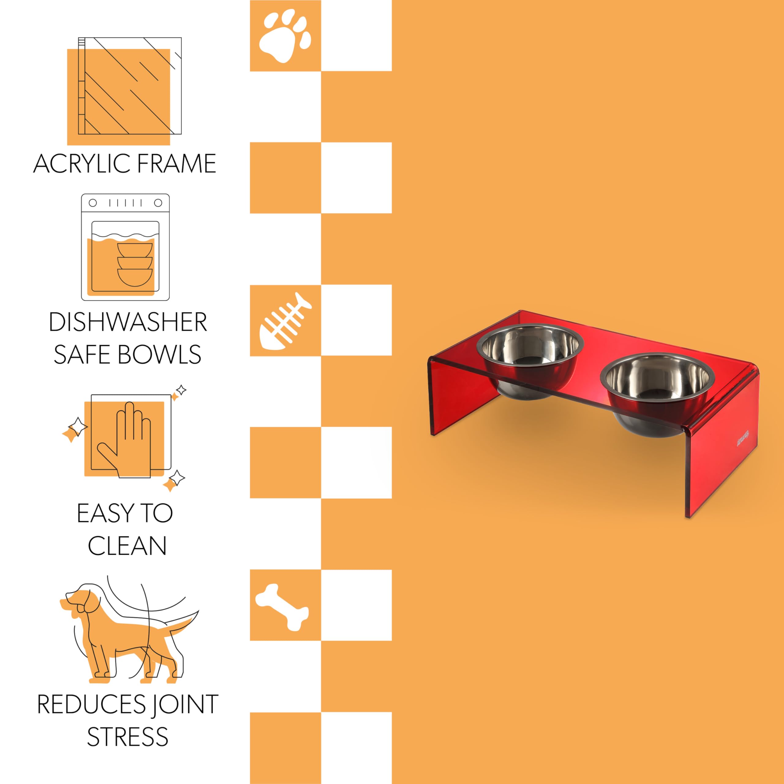 The LICKER Store DBL2000H Keaton 5 Small/Medium Modern Acrylic Rectangular Elevated Pet Feeder with 20oz 2-Stainless Steel Bowls
