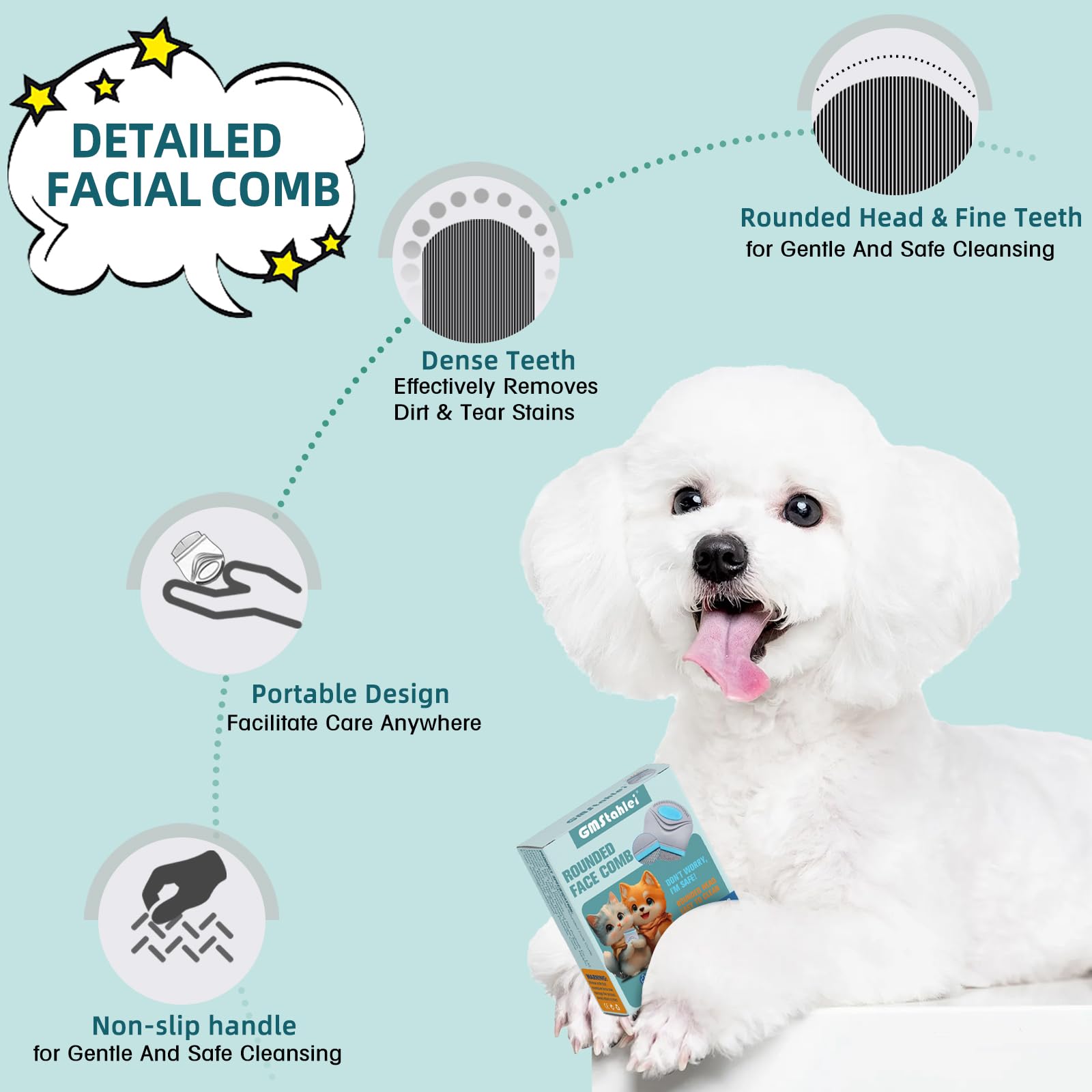 Face Comb For Dogs,Pet Grooming Combs With Rounded Fineteeth,Stainless Steel Tear Stain Remover For Dogs Cats,Lightweight & Port