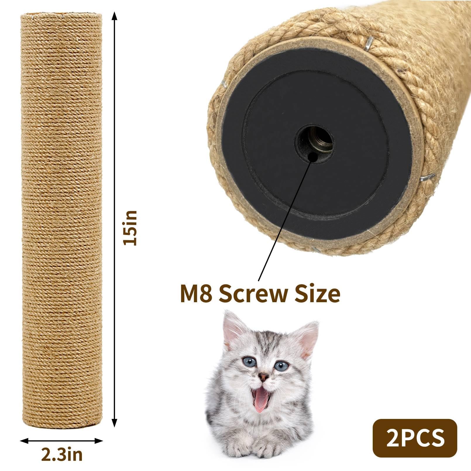 Fhiny 2Pcs Cat Scratching Post Replacement 15' Natural Jute Spare Extension Scratch Post For Cats Tree Diy Craft Refill Pole Pa