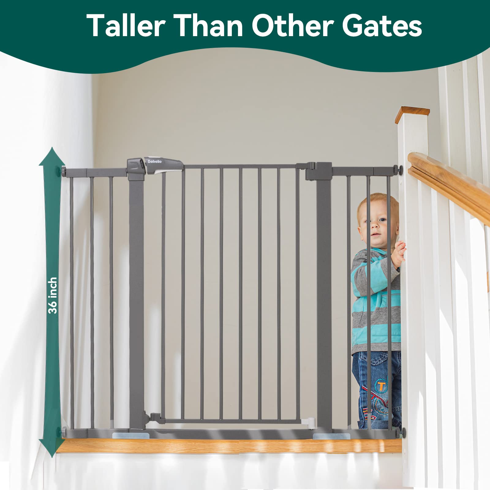Babelio 36 Inch Tall Metal Baby Gate, 29-48' Auto Close Pressure Mounted Dog Gate For Stairs?Doorways & Hallway, Protector Basics Easy Walk Thru Pet Gate, Child Gate With 4*Wall Cups,Gray