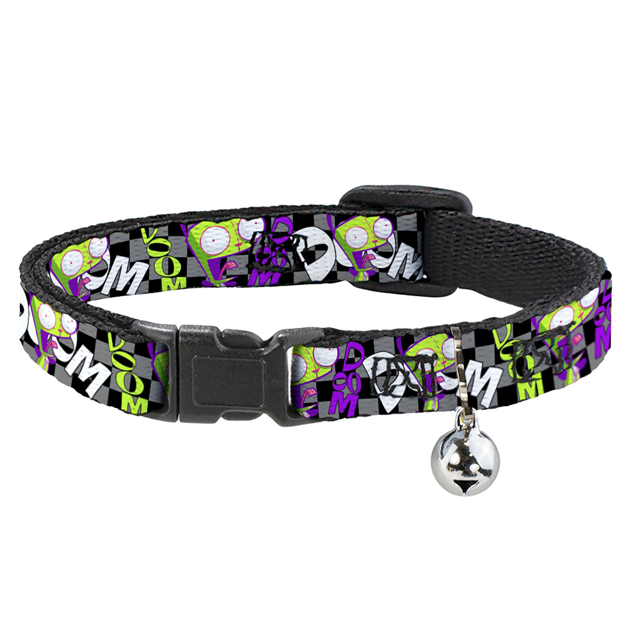 Nickelodeon Cat Collar, Breakaway Collar With Bell, Invader Zim Gir Doom Pose Checker Black Gray, 8.5 To 12 Inches 0.5 Inch Wide