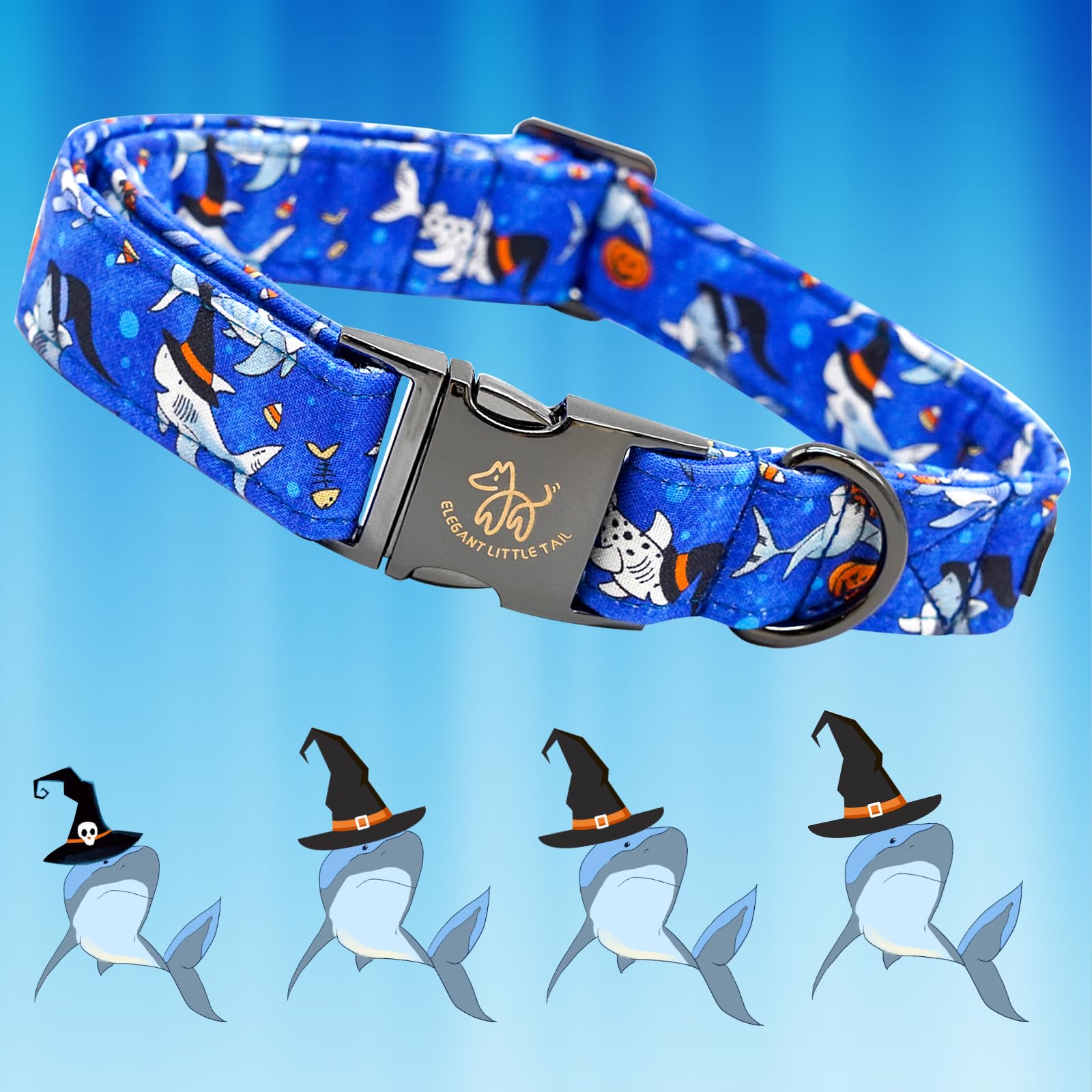 Elegant Little Tail Shark Print Halloween Pet Collar - Cotton With Metal Buckle, Adjustable For Small Dogs