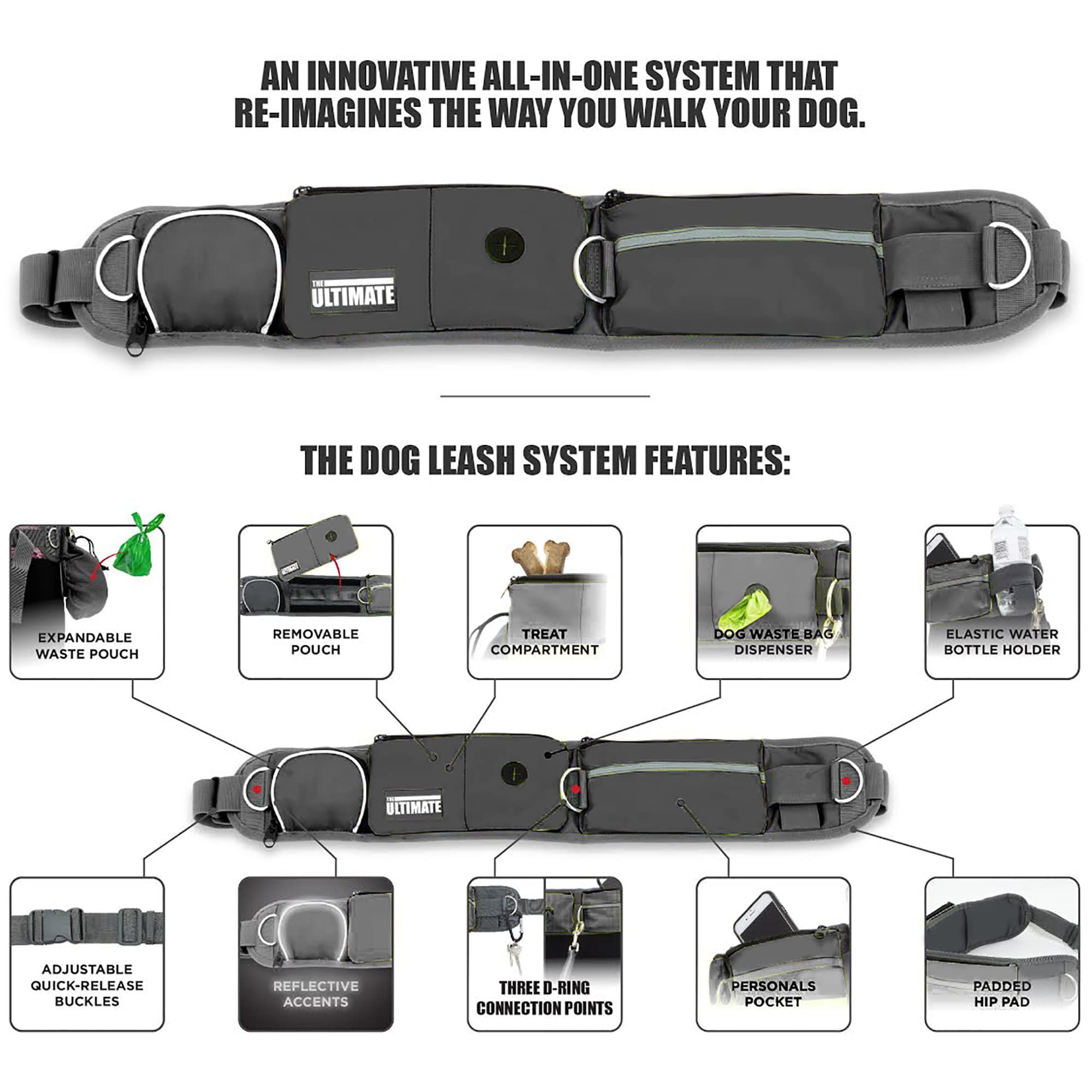 TAKSIN Hands-Free Dog Leash System, Reflective Bungee, Treat Holder, Poop Bag Dispenser, Grey, One Dog