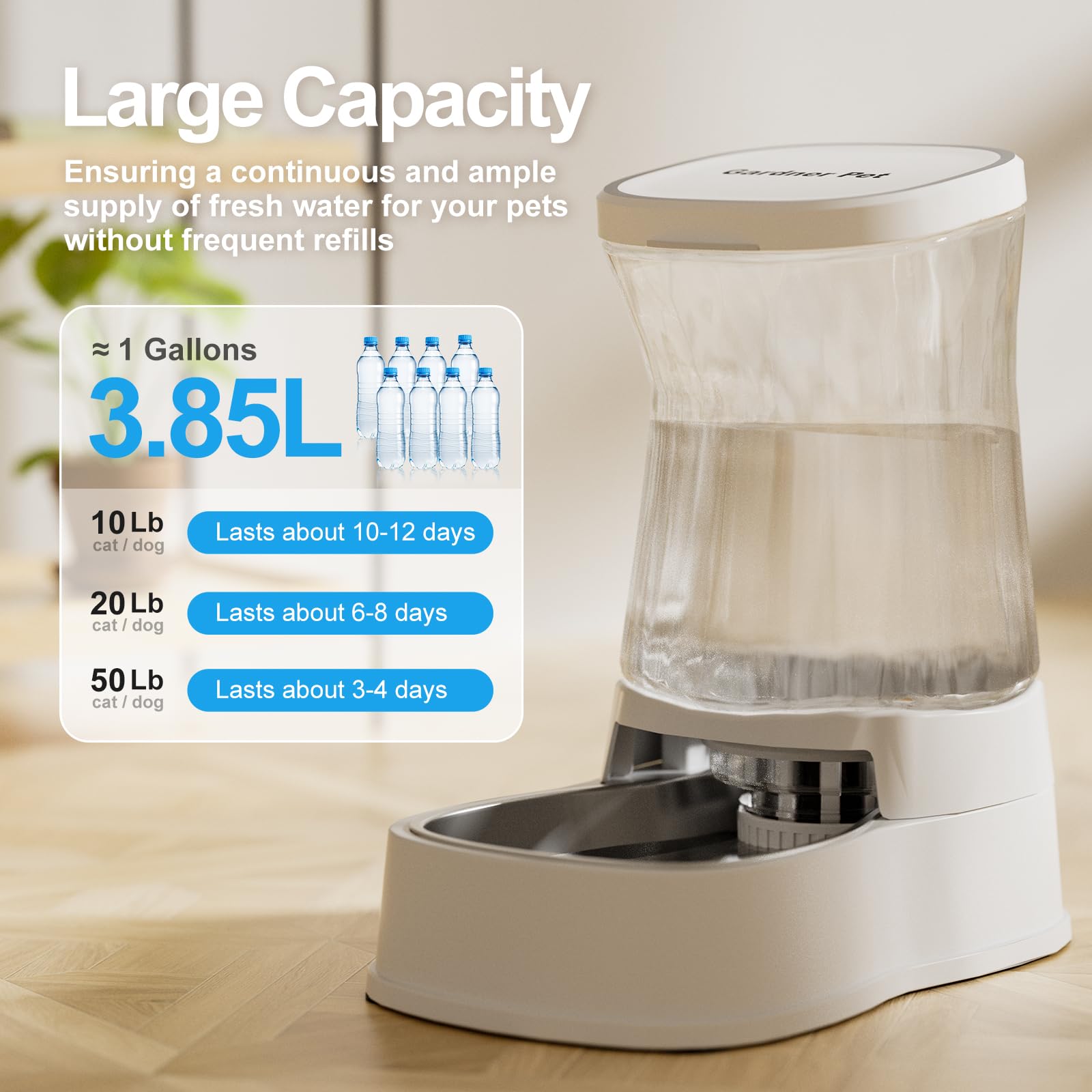 Gardner Pet Automatic Gravity Water Dispenser for Dogs, 1 Gallon, Pearl White, BPA-Free, Model GP01B1724WH