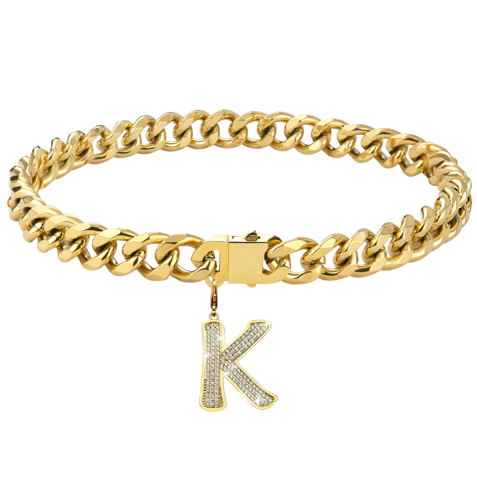 Dopetie Gold Chain Dog Collar Personalized Letter Dog Necklace With Bling Zircons Metal Cuban Link For Medium And Large Dogs Pets Heavy Duty Chew Proof Letter K 16In