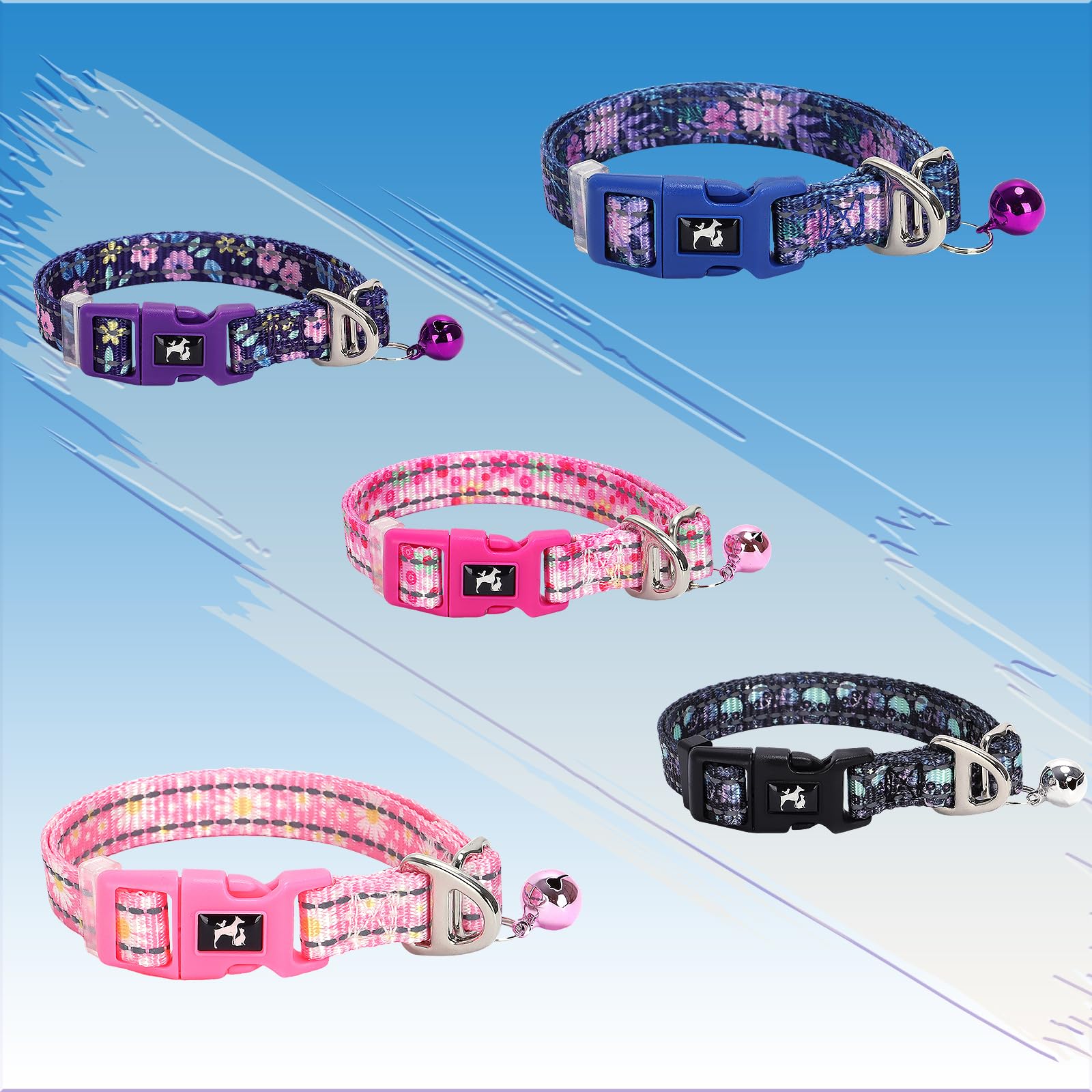 Small Dog Collar With Bell - Cute Pink Daisy Design Reflective Nylon For Puppy Collar,Adjustable & Durable For Puppies, Night Sa