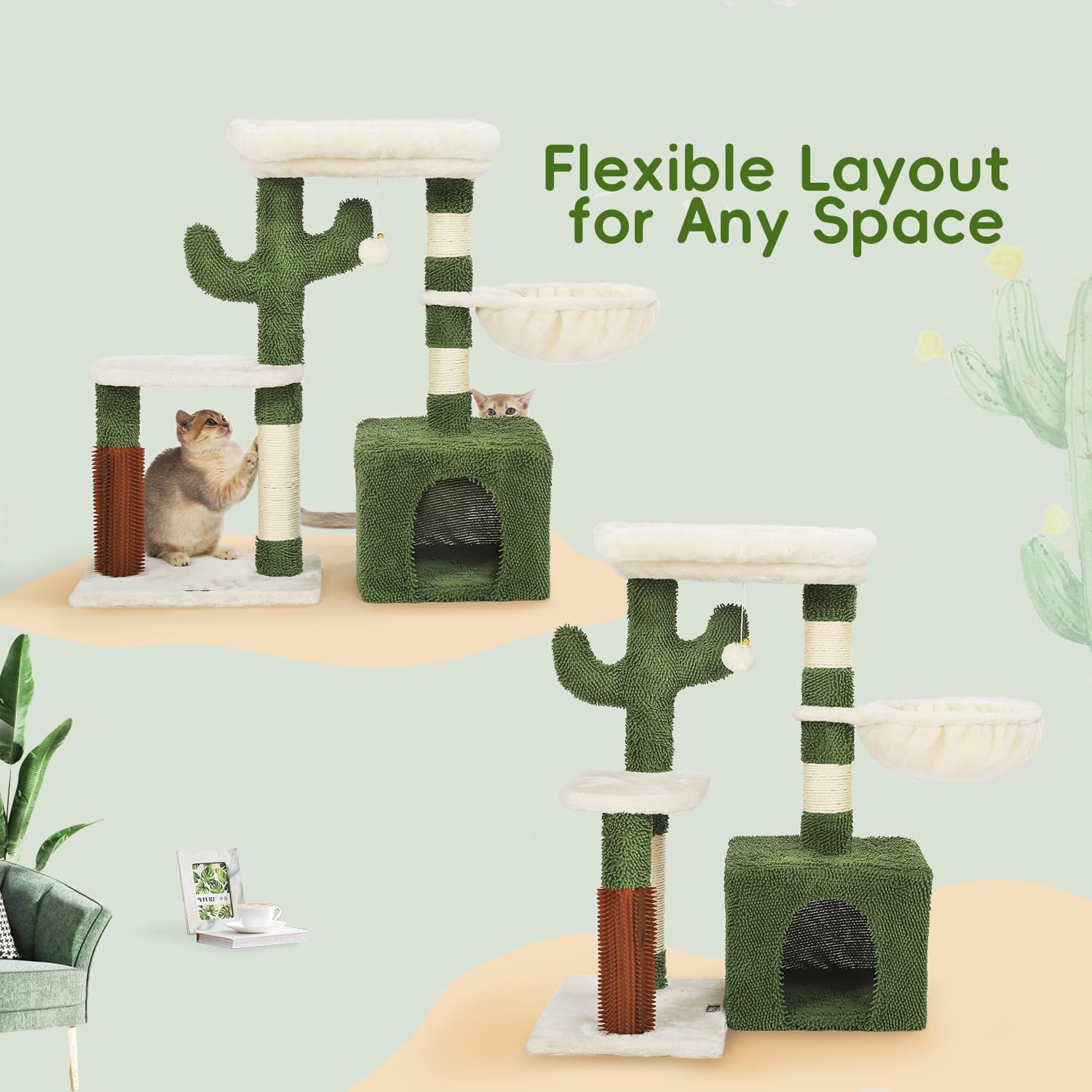 HOOPET 32-Inch Cactus Cat Tree for Small Cats, Plush Perch, Sisal Scratching Posts, Green, Model MPJ008
