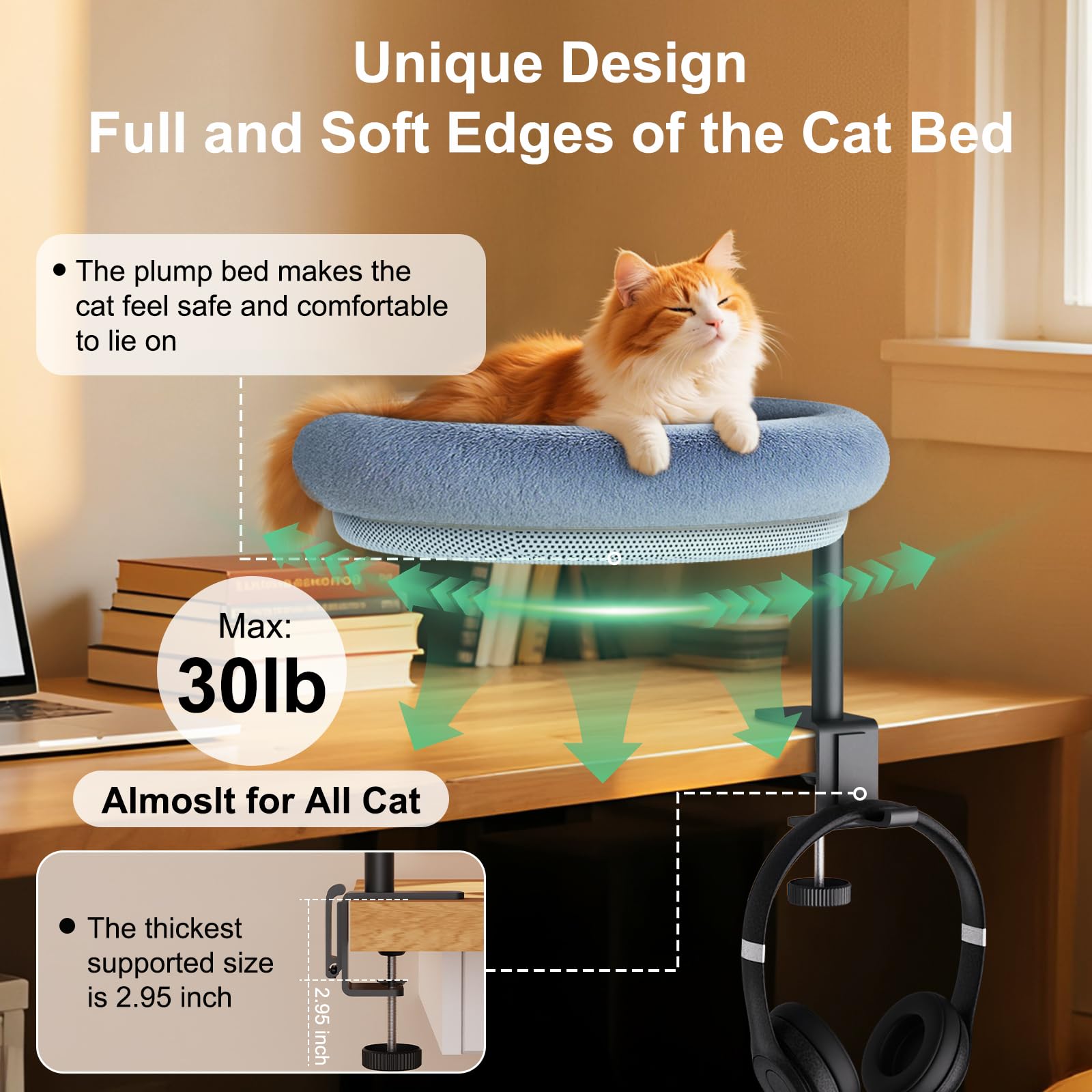 Cat Desk Bed, 360-Degree Rotating Hammock Perch, Cat Bed with Height Adjustable, Machine Washable, Gray