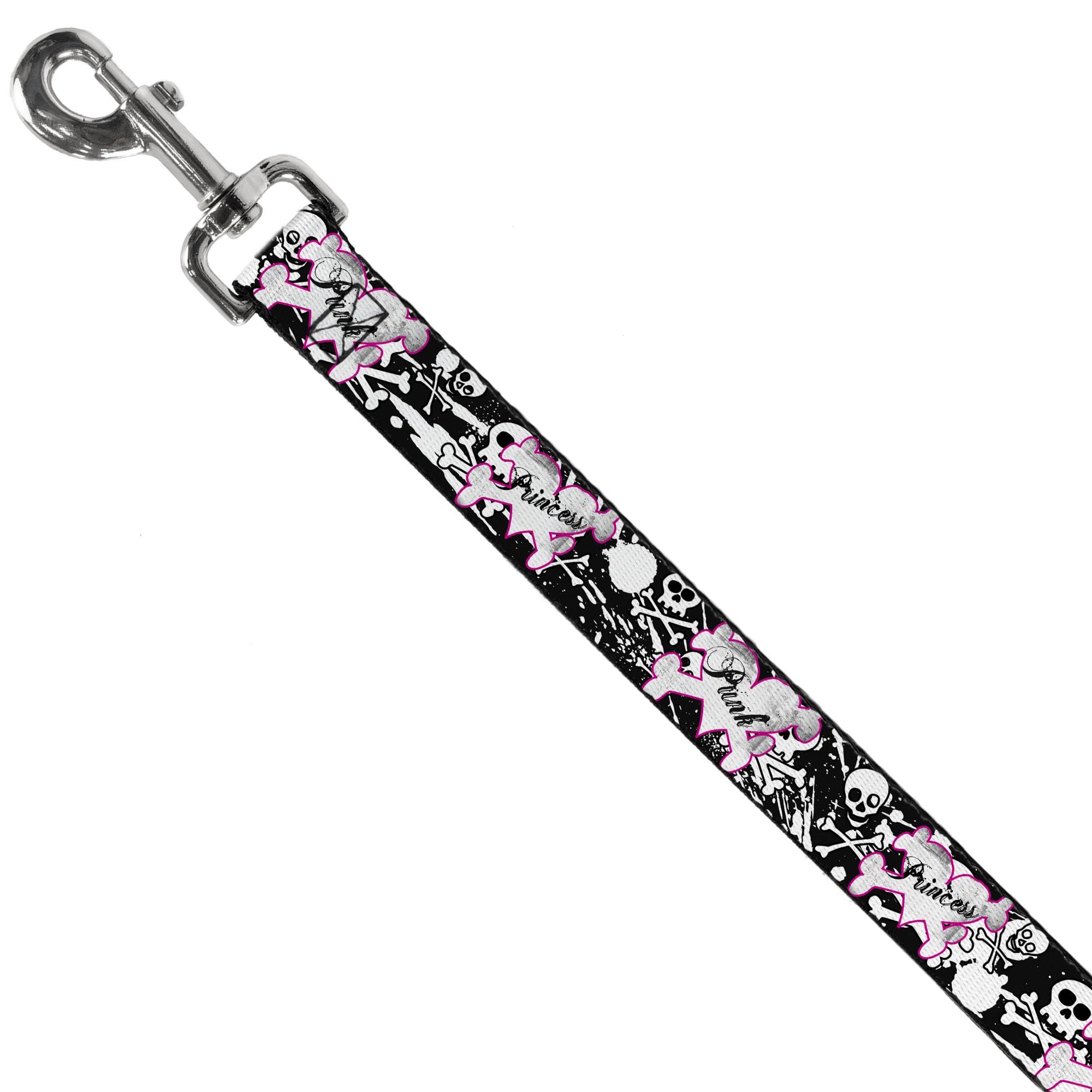 Buckle-Down Pet Leash - Punk Princess Heart & Cross Bones w/Skulls & Splatter Black/White - 6 Feet Long - 1.5 Wide