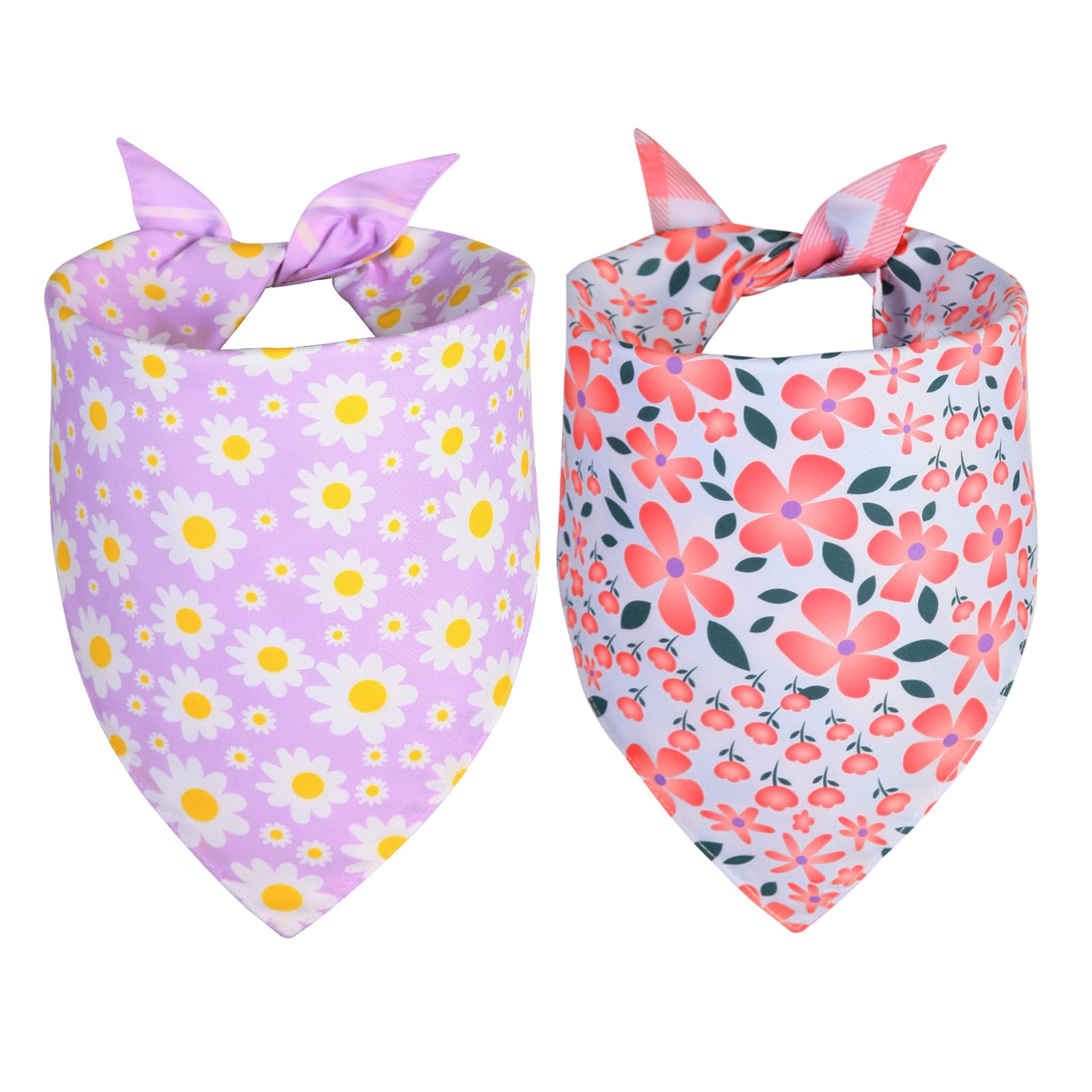 Ququle Spring Dog Bandana Girl Small 2Pcs, Pink Purple Daisy Scarf, Durable Triangle Reversible Bibs Handkerchief For Puppy Pet