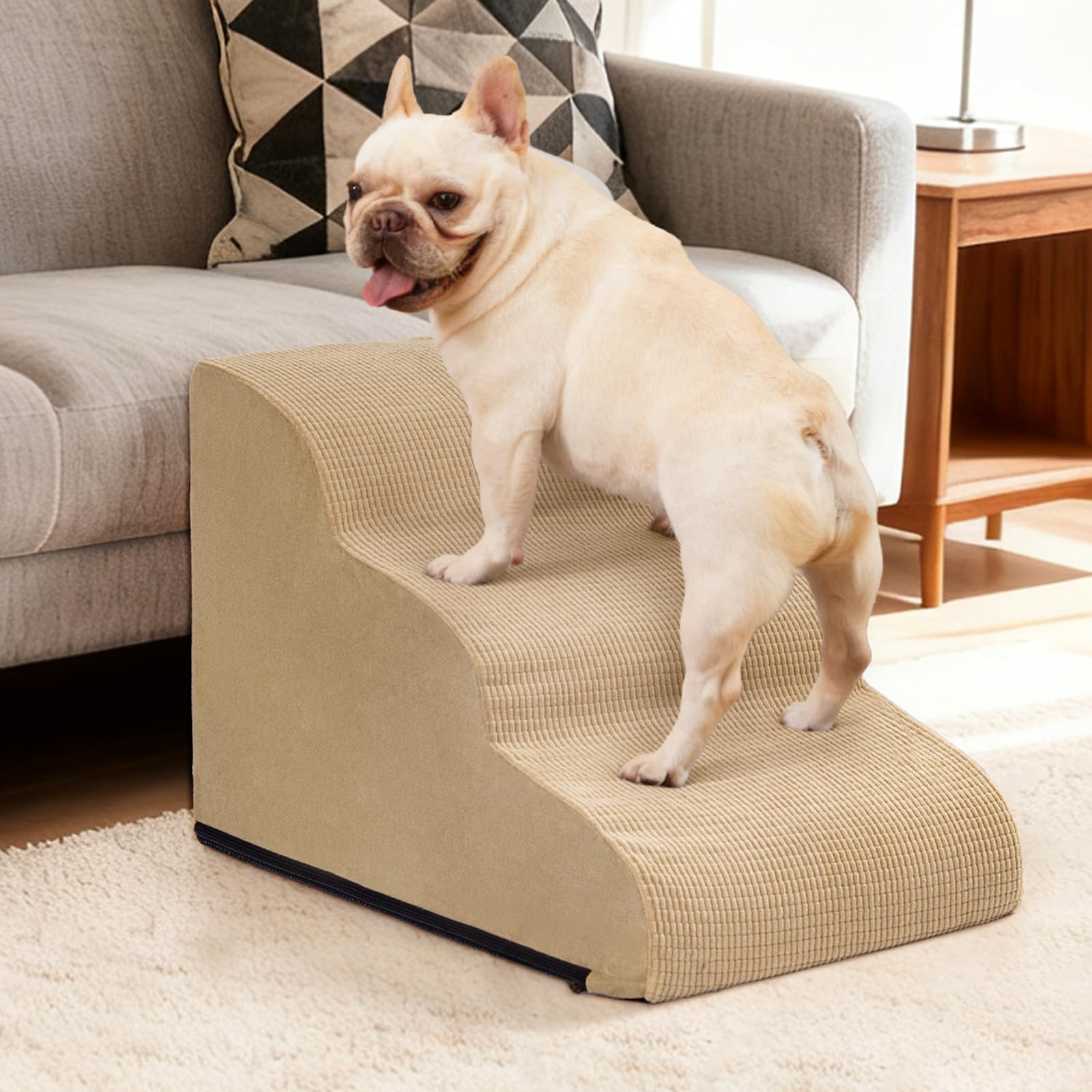 Aodisman 3-Step Dog Ramp and Stairs for Sofa and Chair - Non-Slip Sturdy Pet Steps for Small Dogs and Cats,15.7 H,Khaki