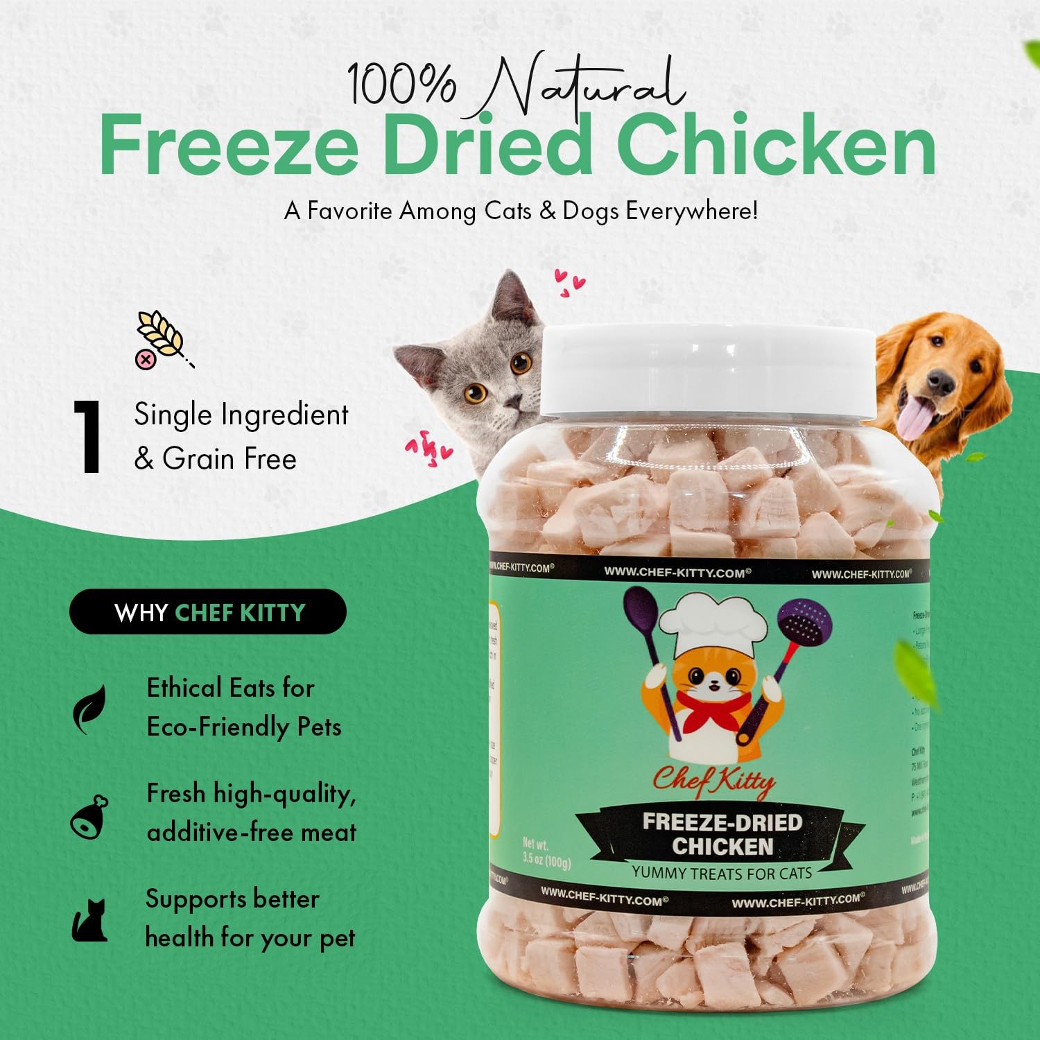 Chef Kitty Freeze-Dried Chicken Treats for Cats & Dogs - 100% Human Grade, Single Ingredient, High-Protein, Healthy Snack - No A
