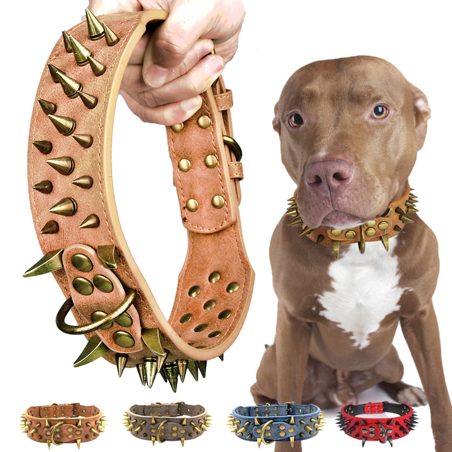 Kawagogo Spiked Studded Dog Collar With Large Sharp Spikes,2 Inch Wide Leather Dog Collar,Anti-Bite,Fit Large Medium Dogs,Pitbul