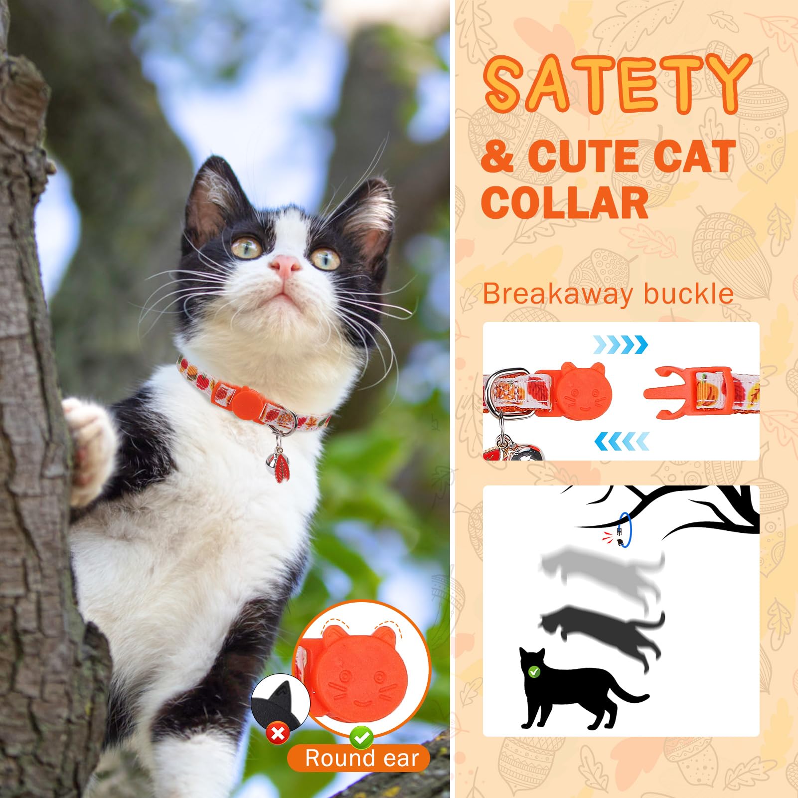 Scenereal Fall Cat Collar Breakaway With Bell And Bowtie, 2 Pack Cute Holiday Cat Collars, Adjustable Kitten Collar, Safety Buck