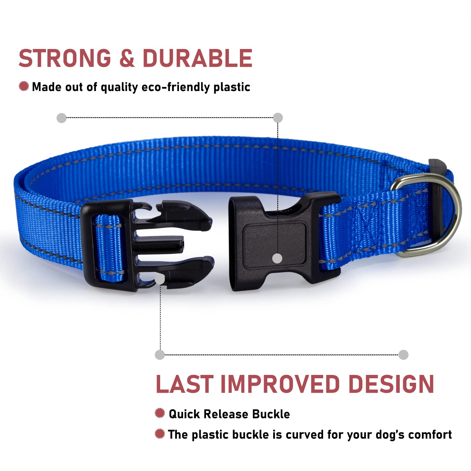 Reflective Dog Collar With Buckle Adjustable Safety Nylon Collars For Small Medium Large Dogs, Navy Blue L